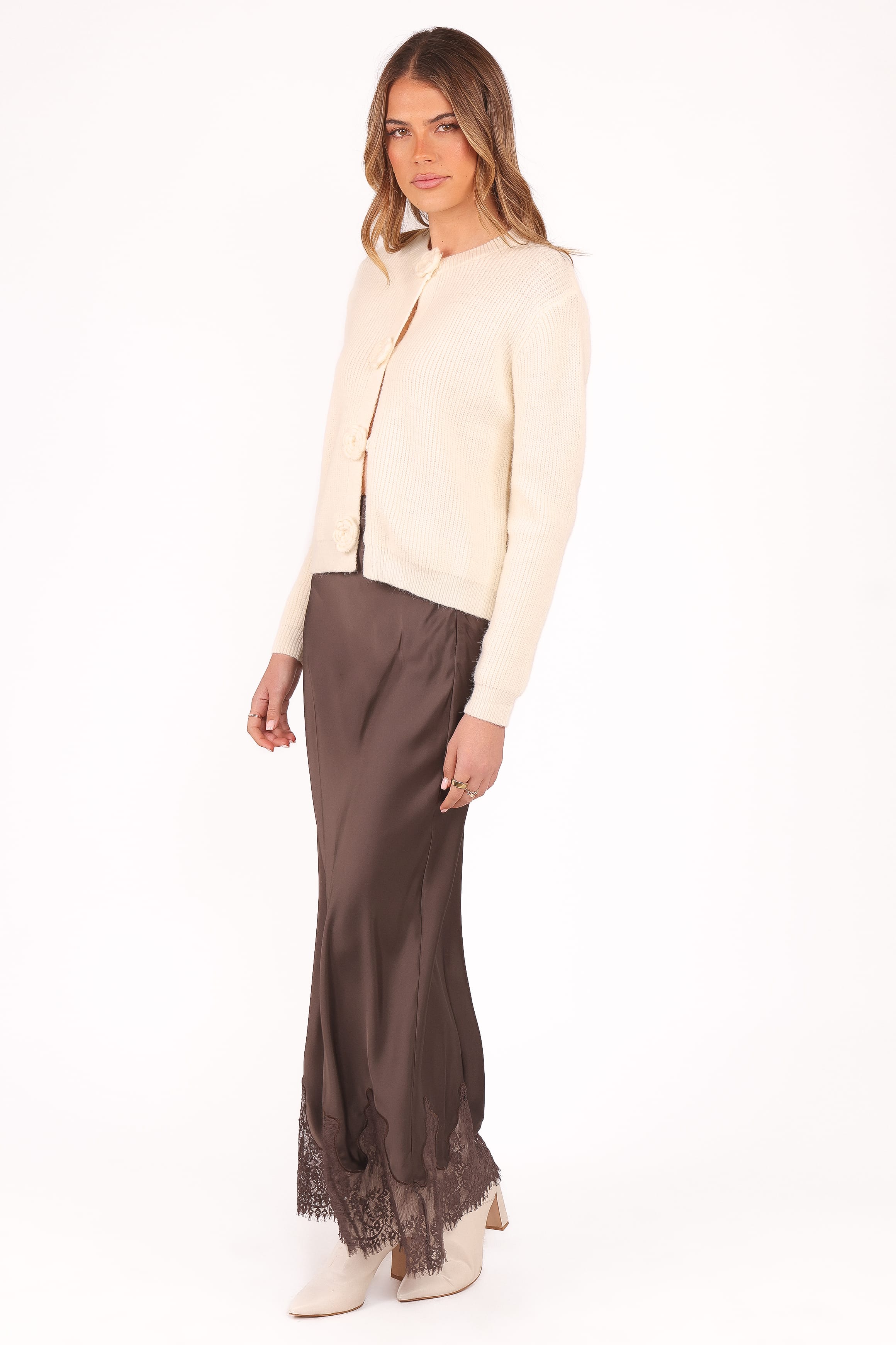 Petal and Pup USA BOTTOMS Alira Lace Trim Midi Skirt - Brown