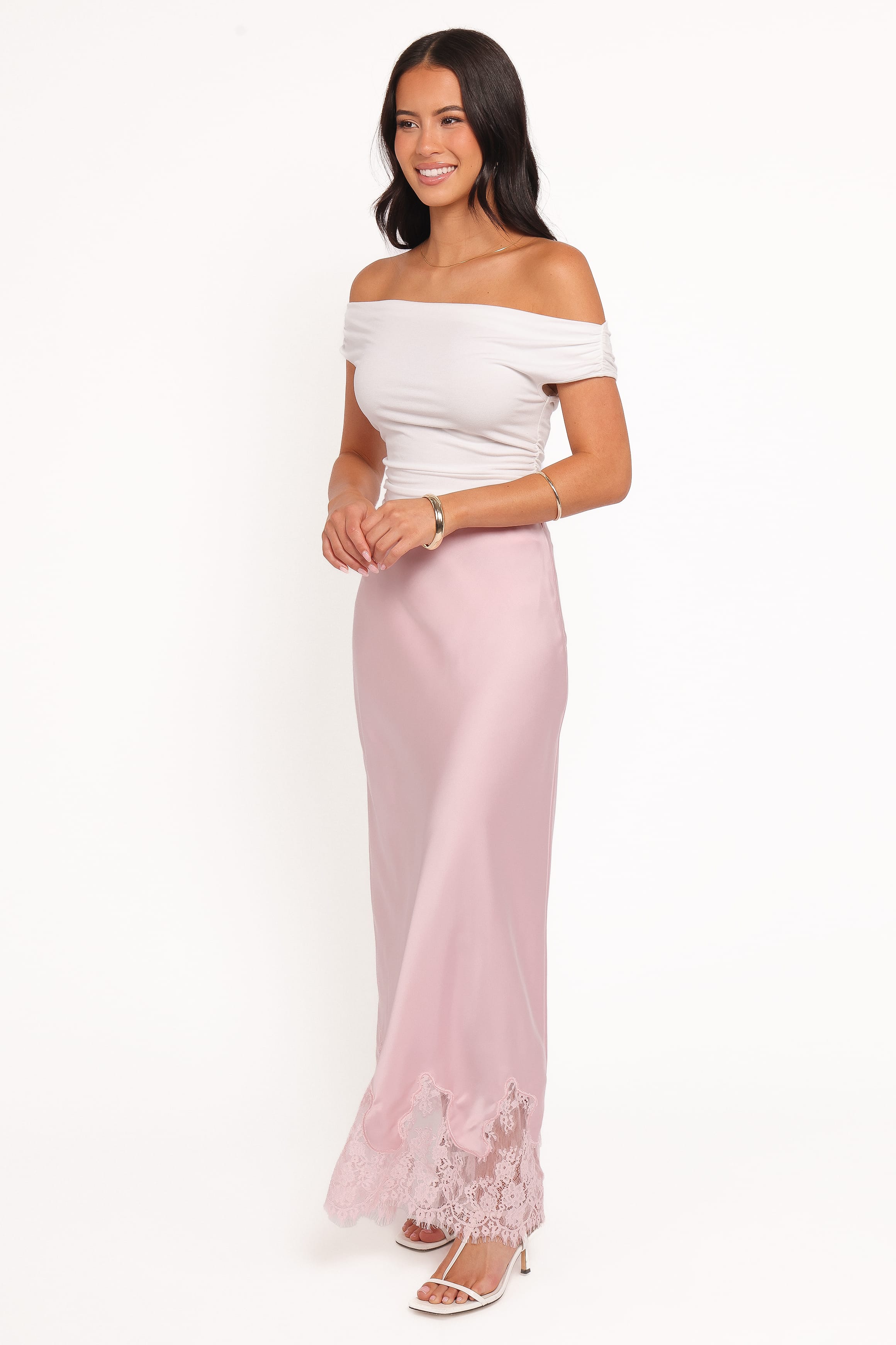 Petal and Pup USA BOTTOMS Alira Lace Trim Midi Skirt - Pale Pink