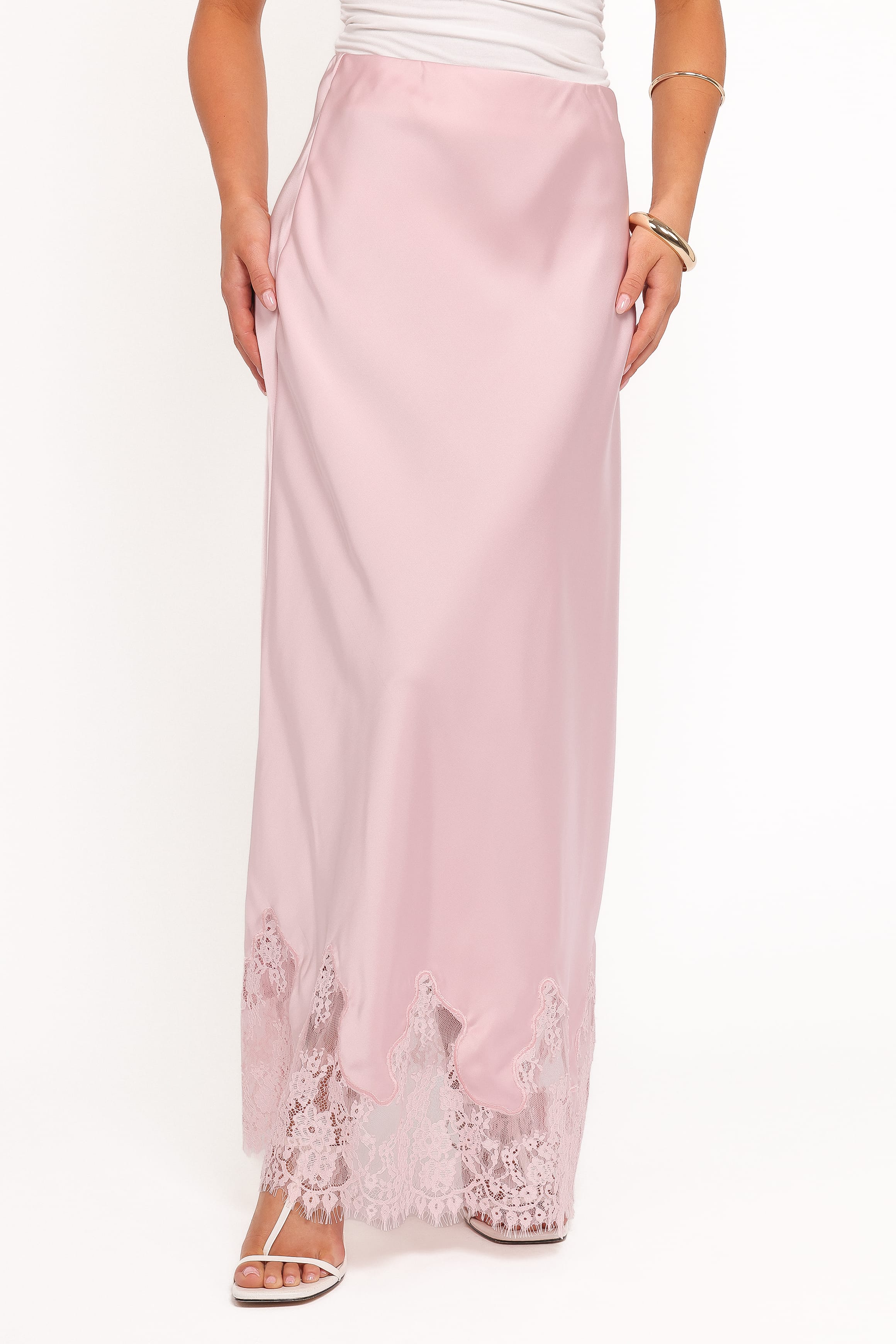 Petal and Pup USA BOTTOMS Alira Lace Trim Midi Skirt - Pale Pink