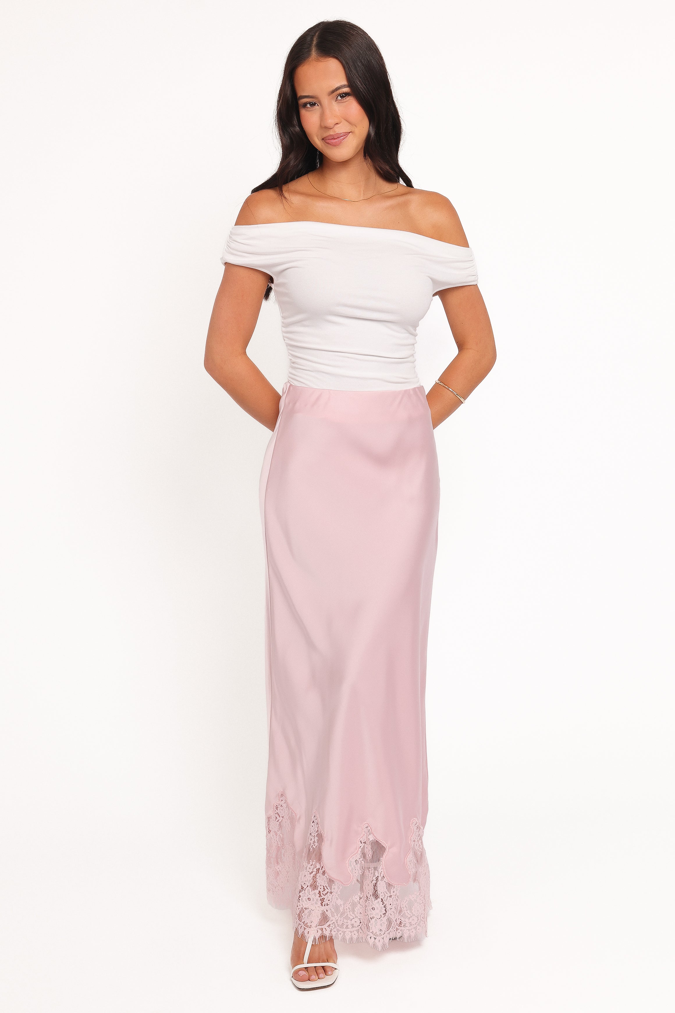Petal and Pup USA BOTTOMS Alira Lace Trim Midi Skirt - Pale Pink