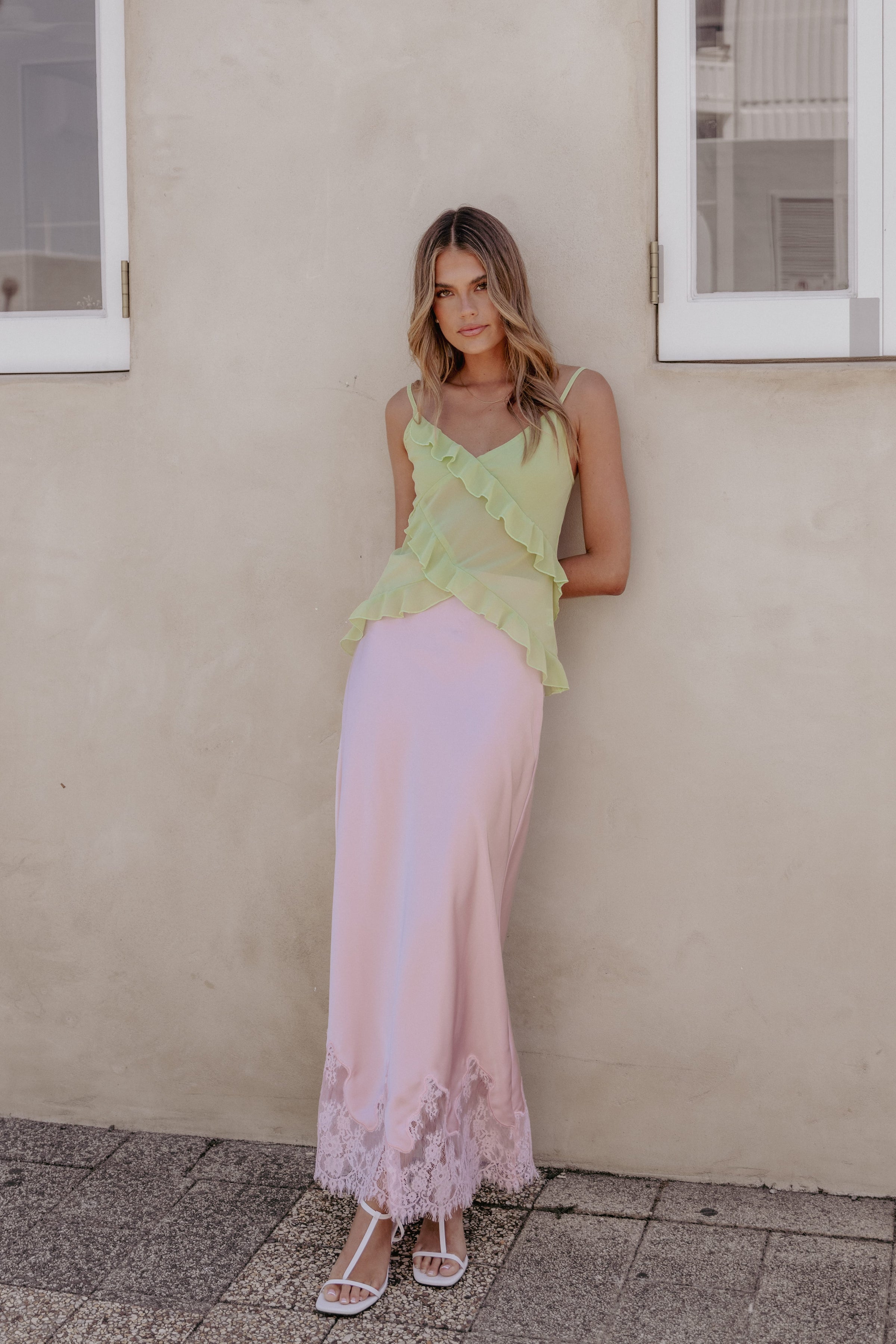 Petal and Pup USA BOTTOMS Alira Lace Trim Midi Skirt - Pale Pink