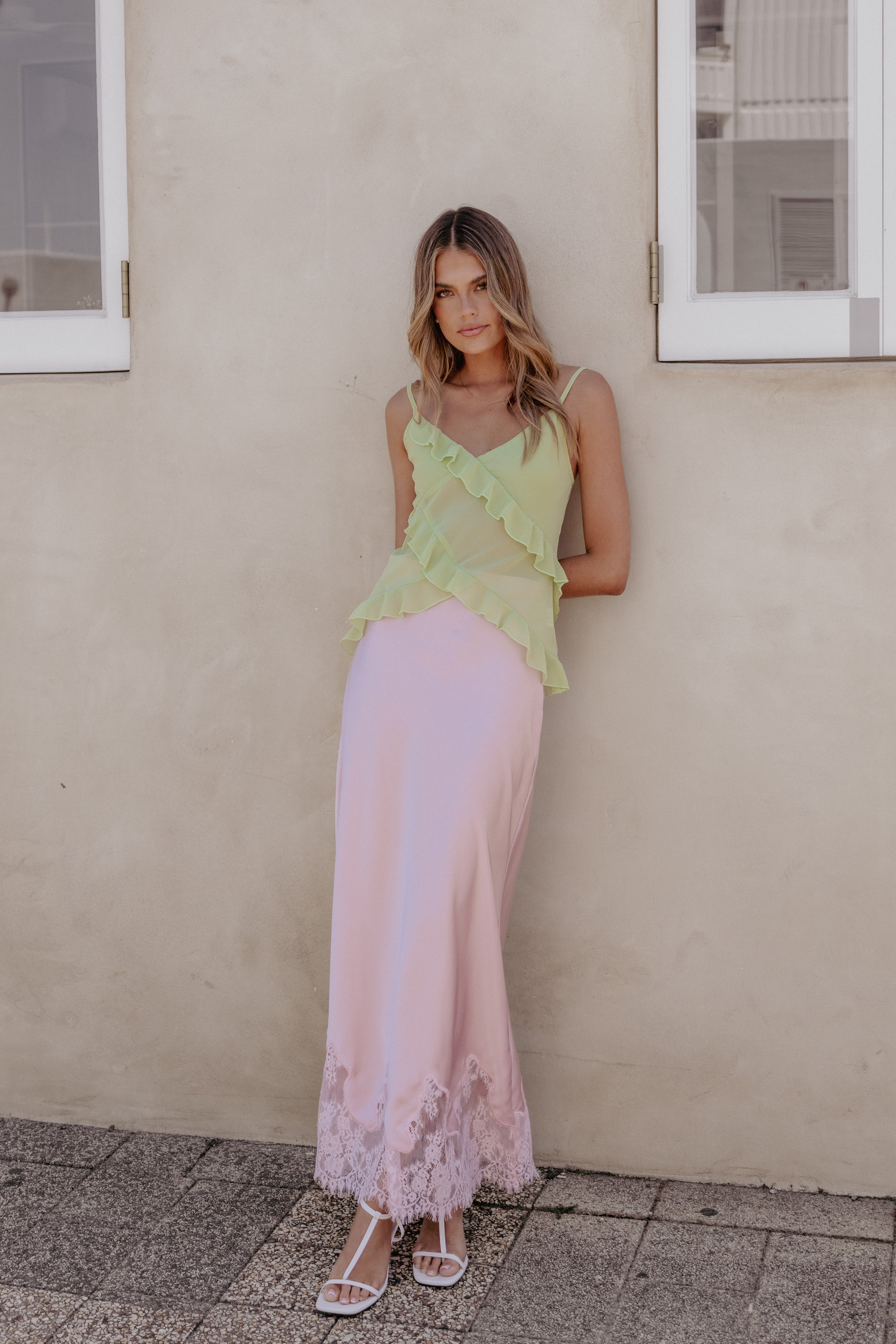 Petal and Pup USA BOTTOMS Alira Lace Trim Midi Skirt - Pale Pink