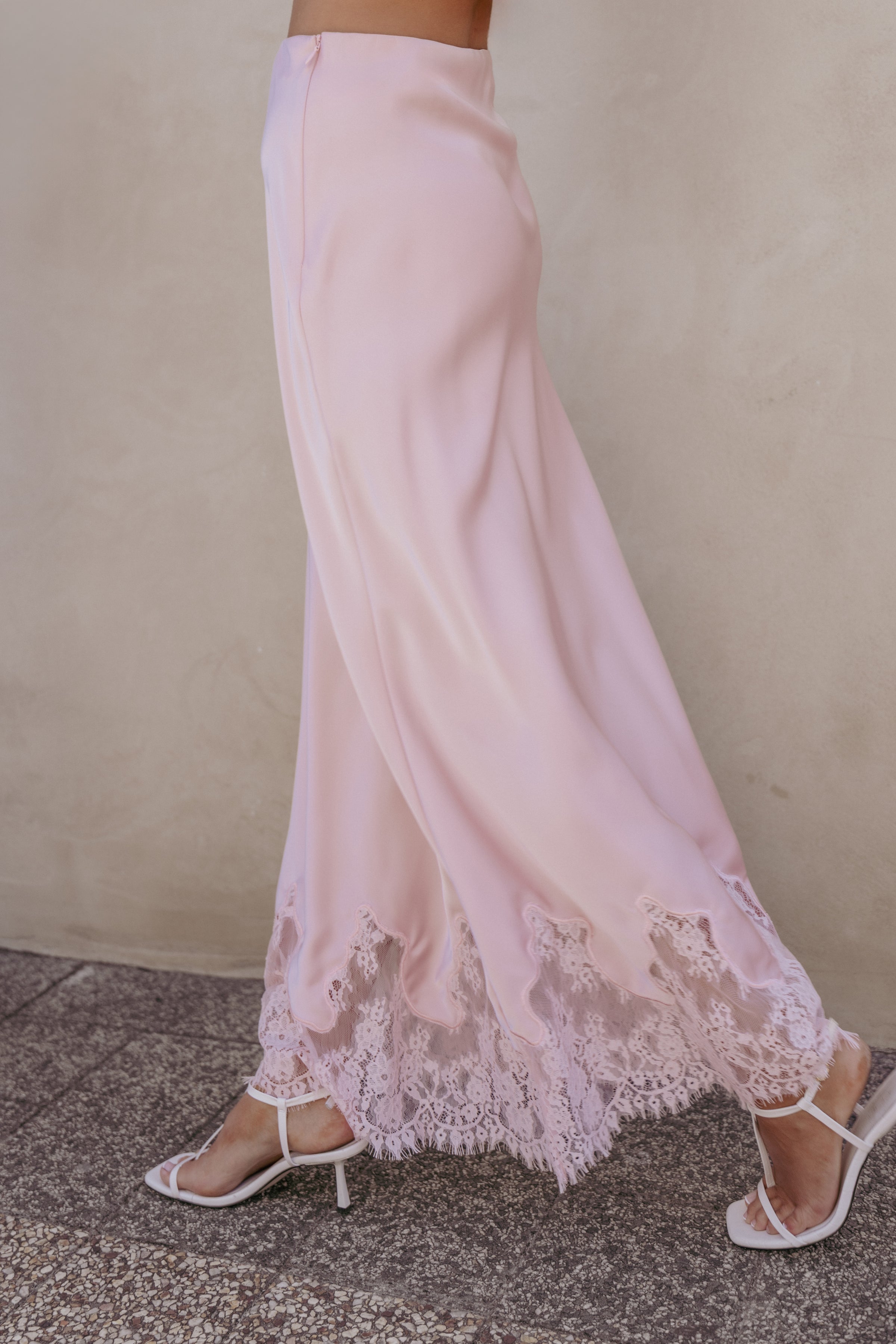 Petal and Pup USA BOTTOMS Alira Lace Trim Midi Skirt - Pale Pink