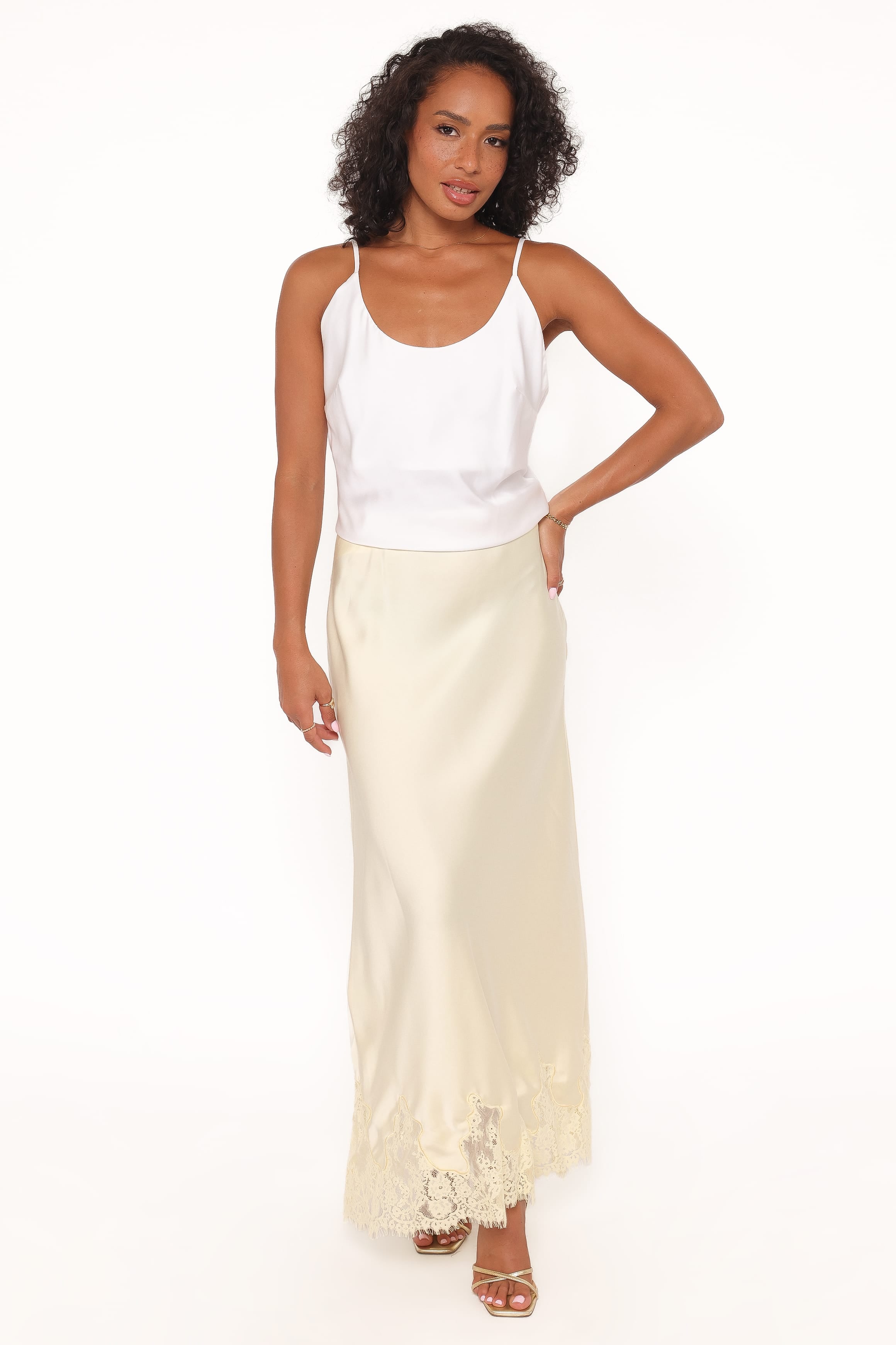 Petal and Pup USA BOTTOMS Alira Lace Trim Midi Skirt - Yellow