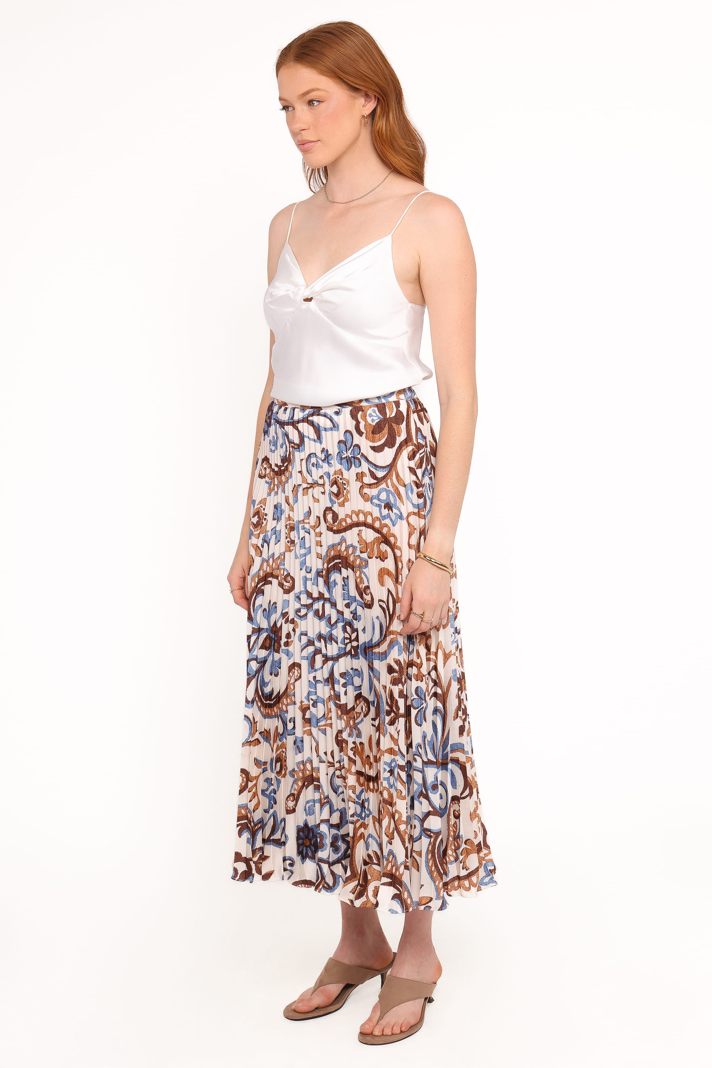 Petal and Pup USA BOTTOMS Aoife Pleated Midi Skirt - Ivory Brown Blue