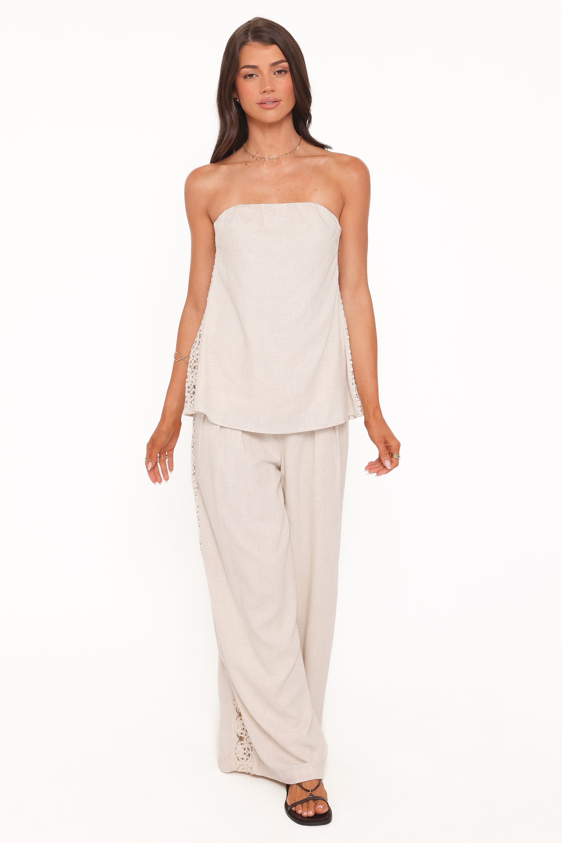 Petal and Pup USA BOTTOMS Arles Wide Leg Pants - Beige Lace