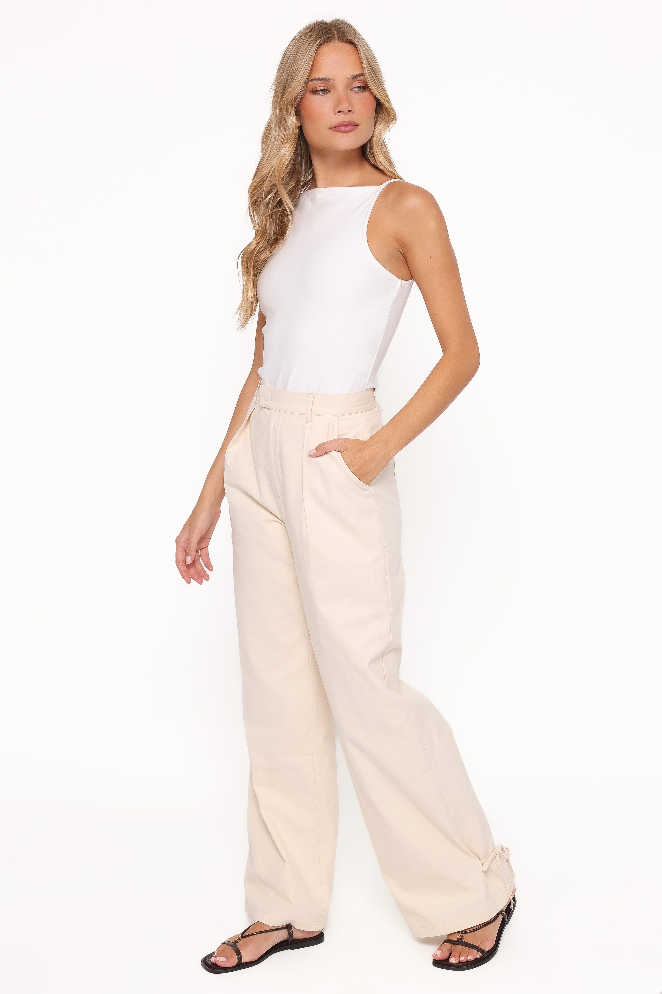 Petal and Pup USA BOTTOMS Asher Tie Detail Tapered Leg Pants - Cream