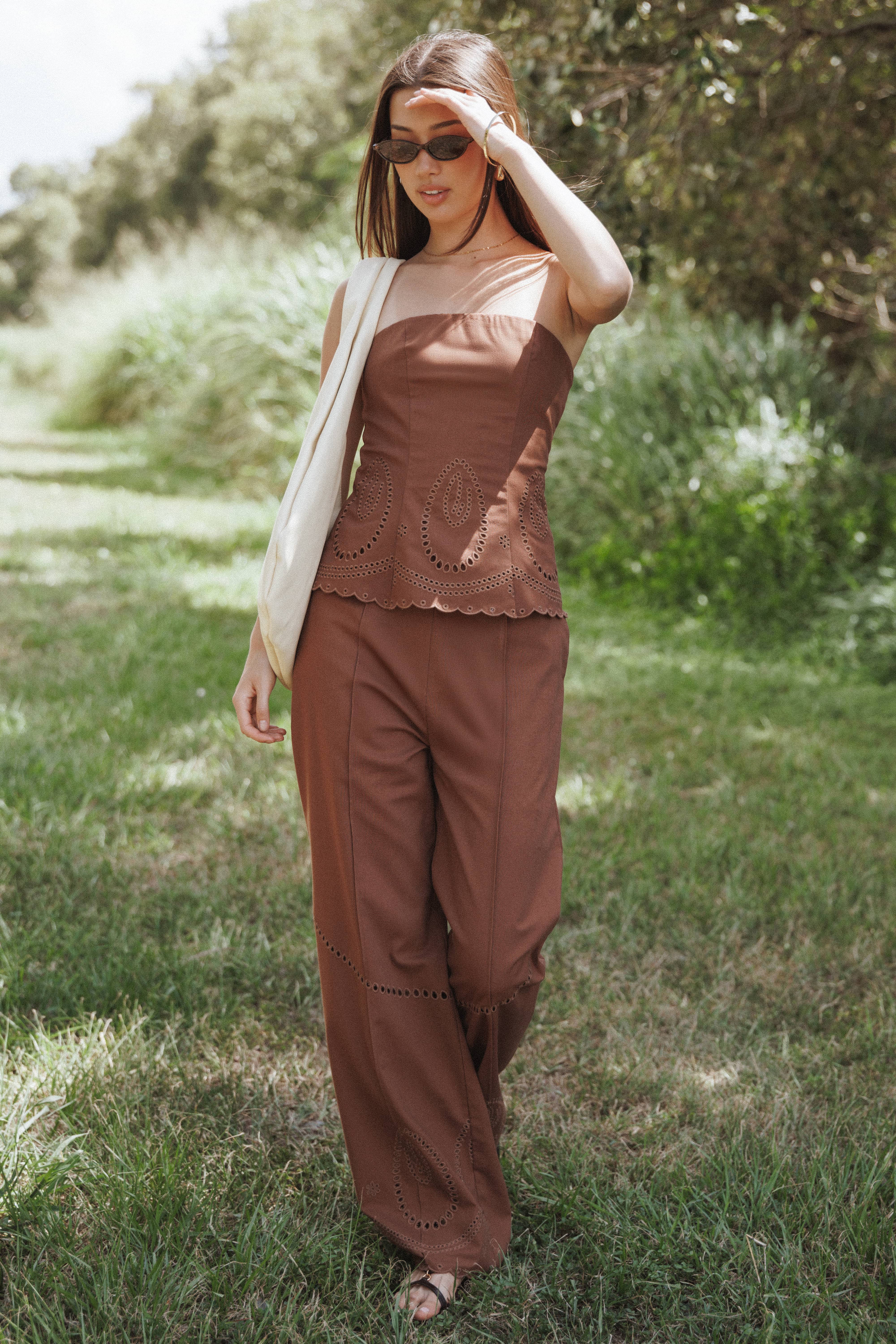Petal and Pup USA BOTTOMS Dalia Eyelet Pant - Brown
