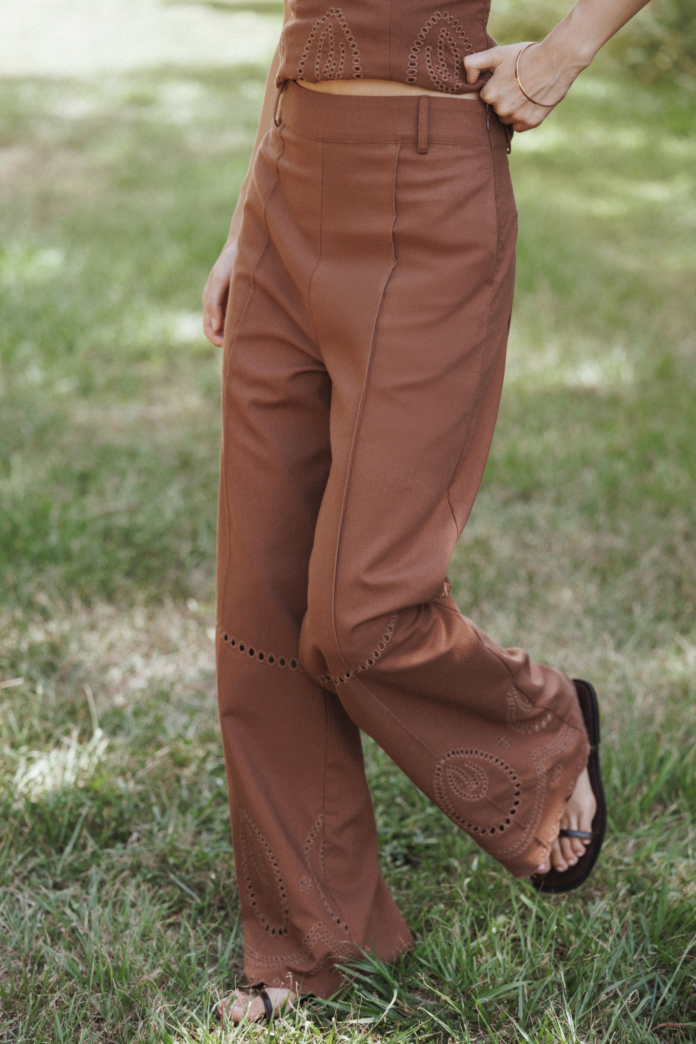 Petal and Pup USA BOTTOMS Dalia Eyelet Pant - Brown