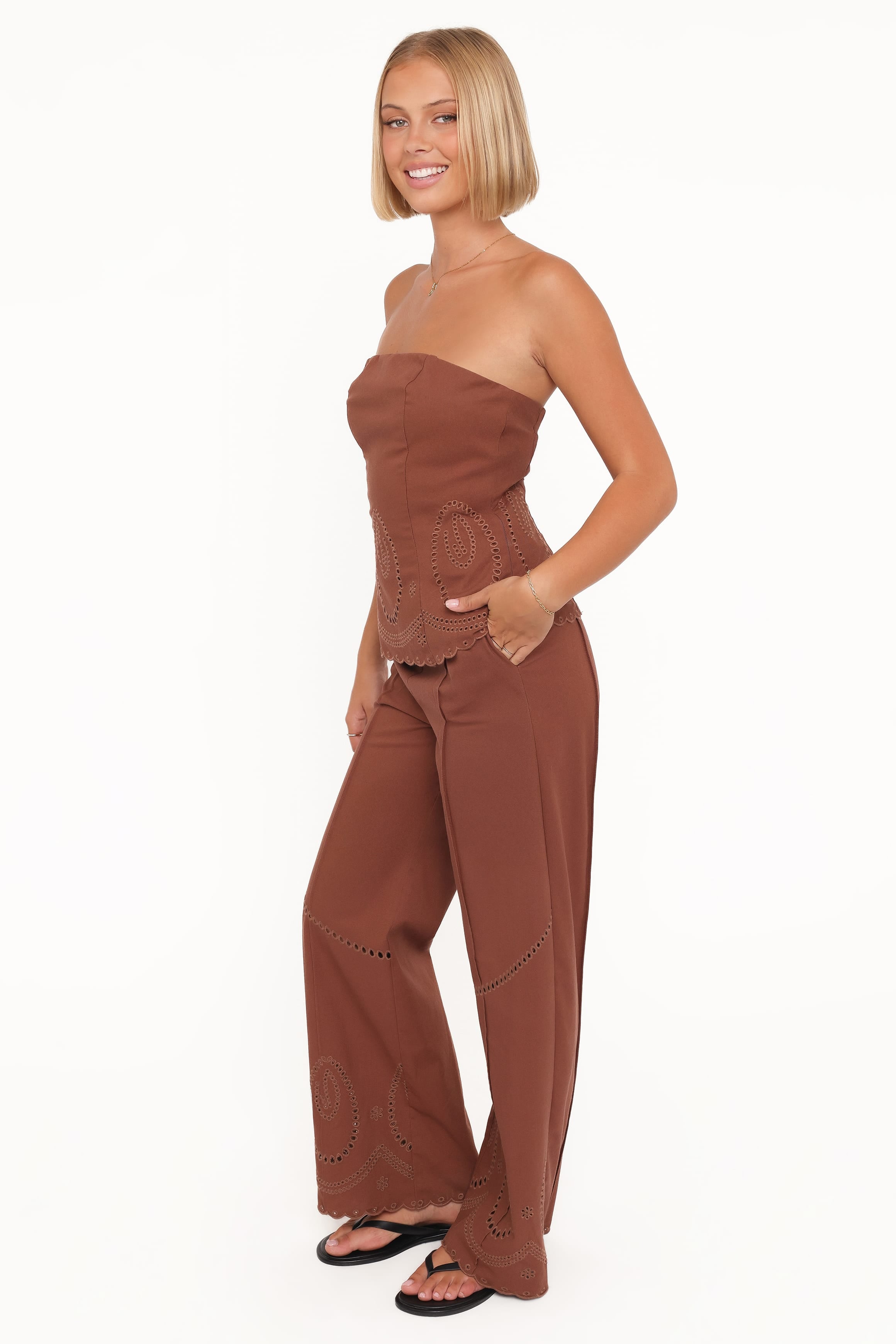 Petal and Pup USA BOTTOMS Dalia Eyelet Pant - Brown
