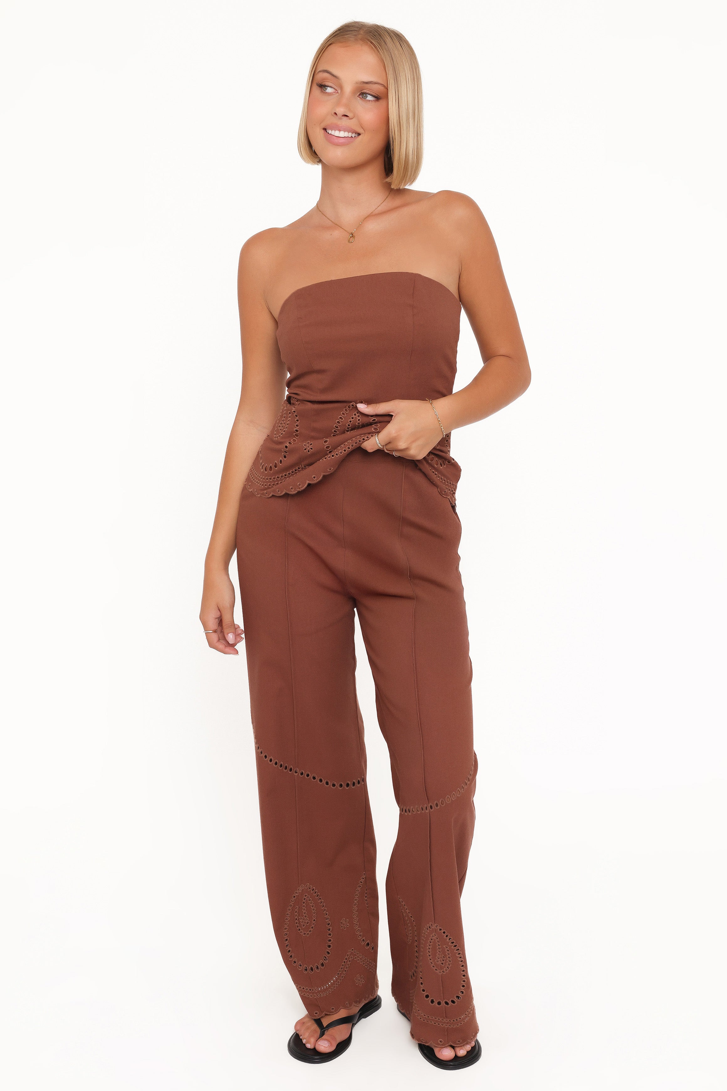 Petal and Pup USA BOTTOMS Dalia Eyelet Pant - Brown
