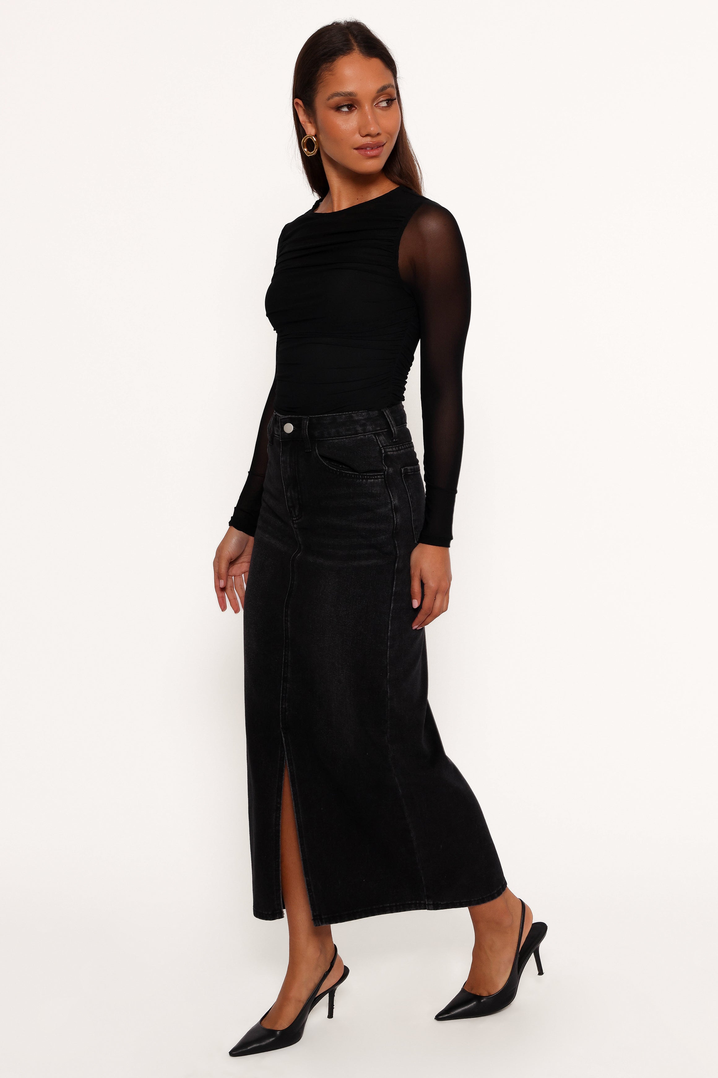 Petal and Pup USA BOTTOMS Dana Denim Midi Skirt - Black Wash