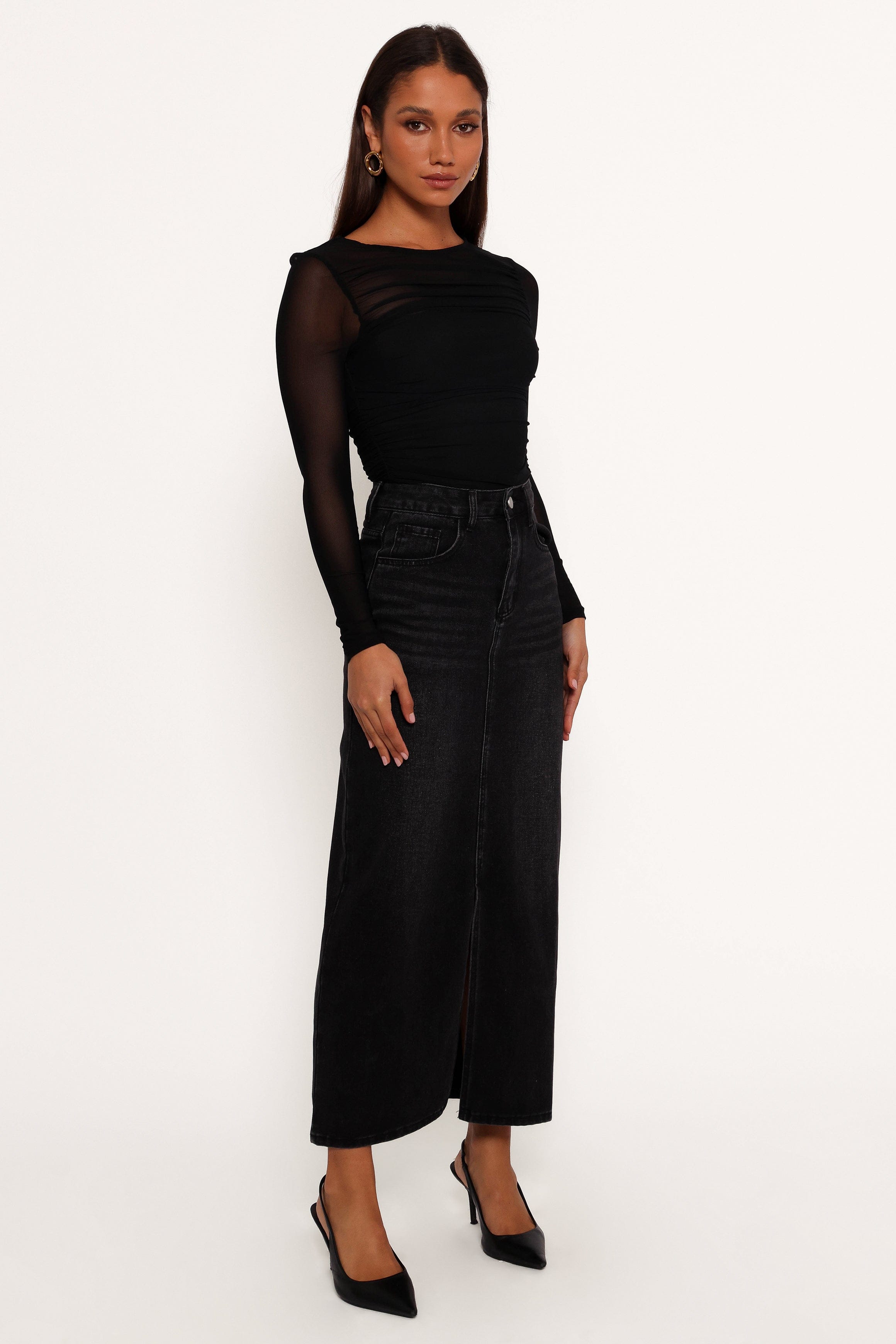 Petal and Pup USA BOTTOMS Dana Denim Midi Skirt - Black Wash