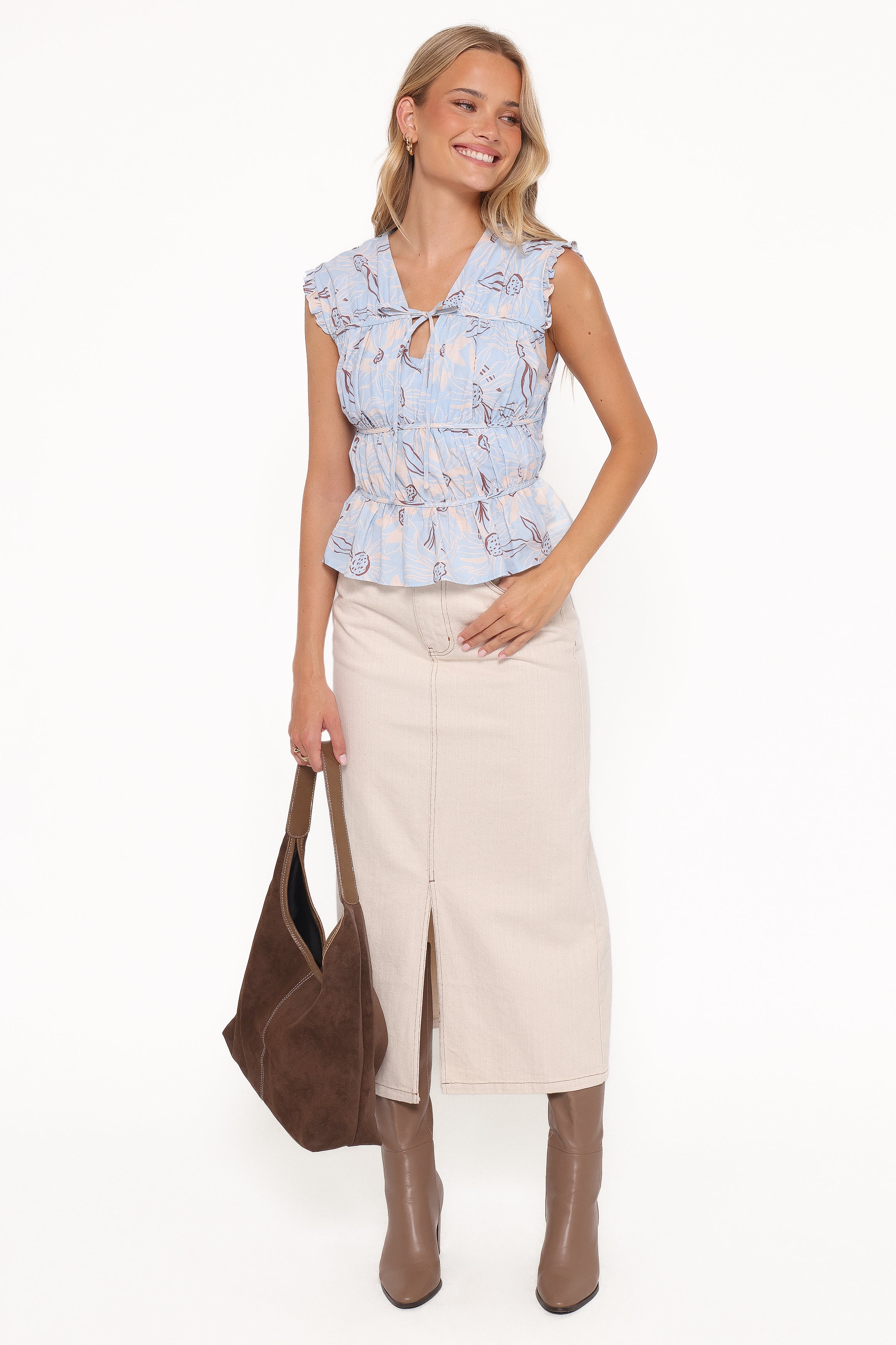 Petal and Pup USA BOTTOMS Dana Denim Midi Skirt - Bone