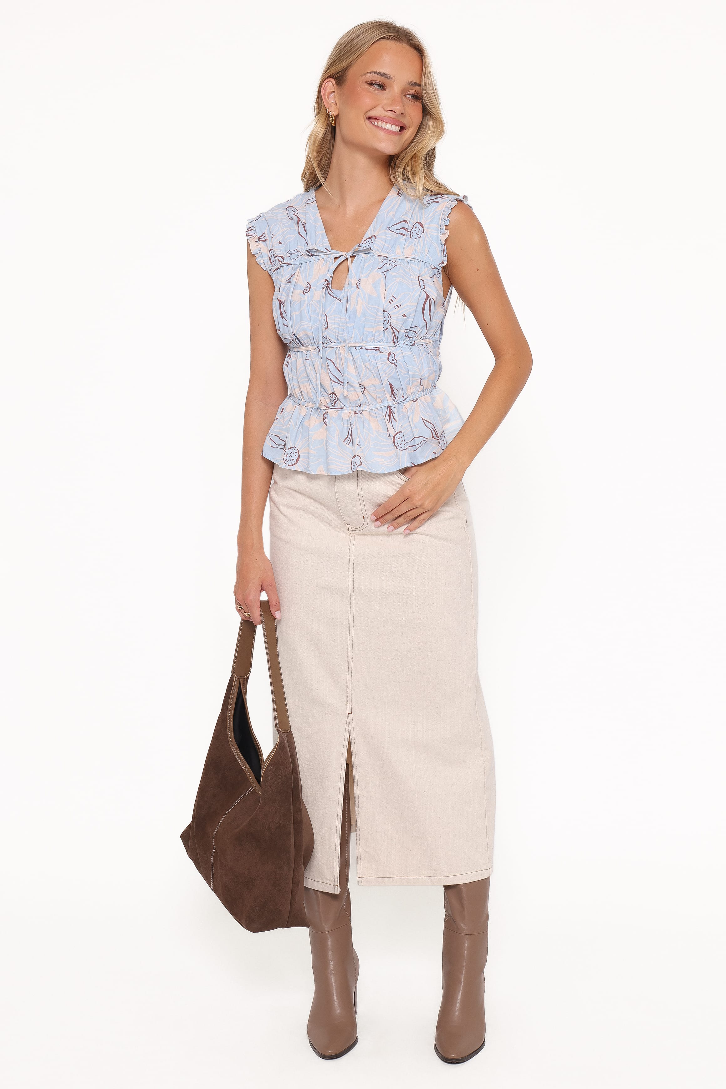 Petal and Pup USA BOTTOMS Dana Denim Midi Skirt - Bone