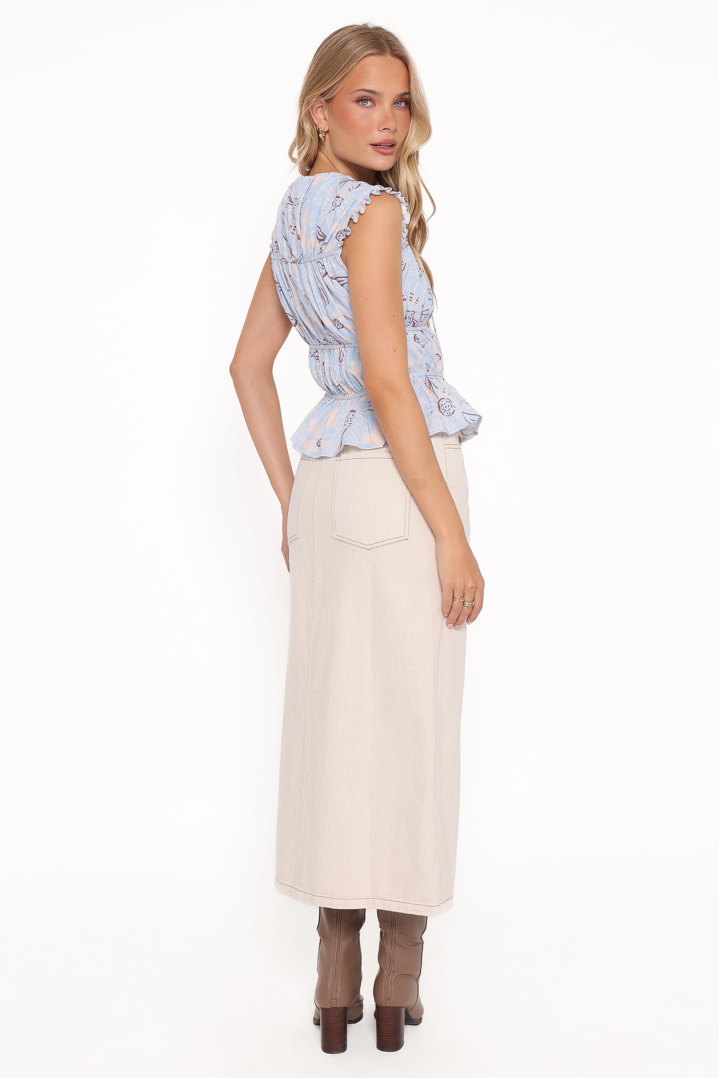 Petal and Pup USA BOTTOMS Dana Denim Midi Skirt - Bone