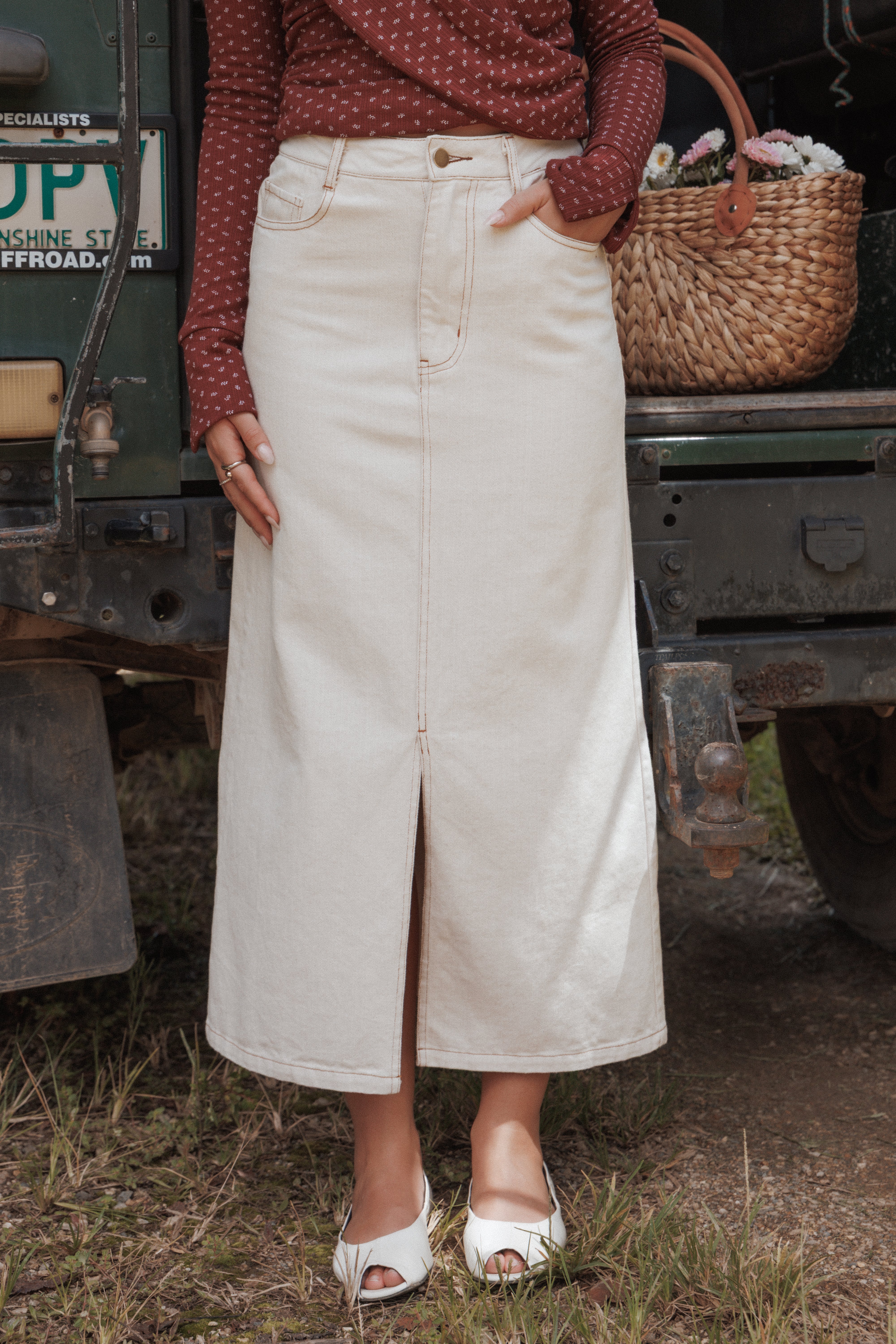 Petal and Pup USA BOTTOMS Dana Denim Midi Skirt - Bone