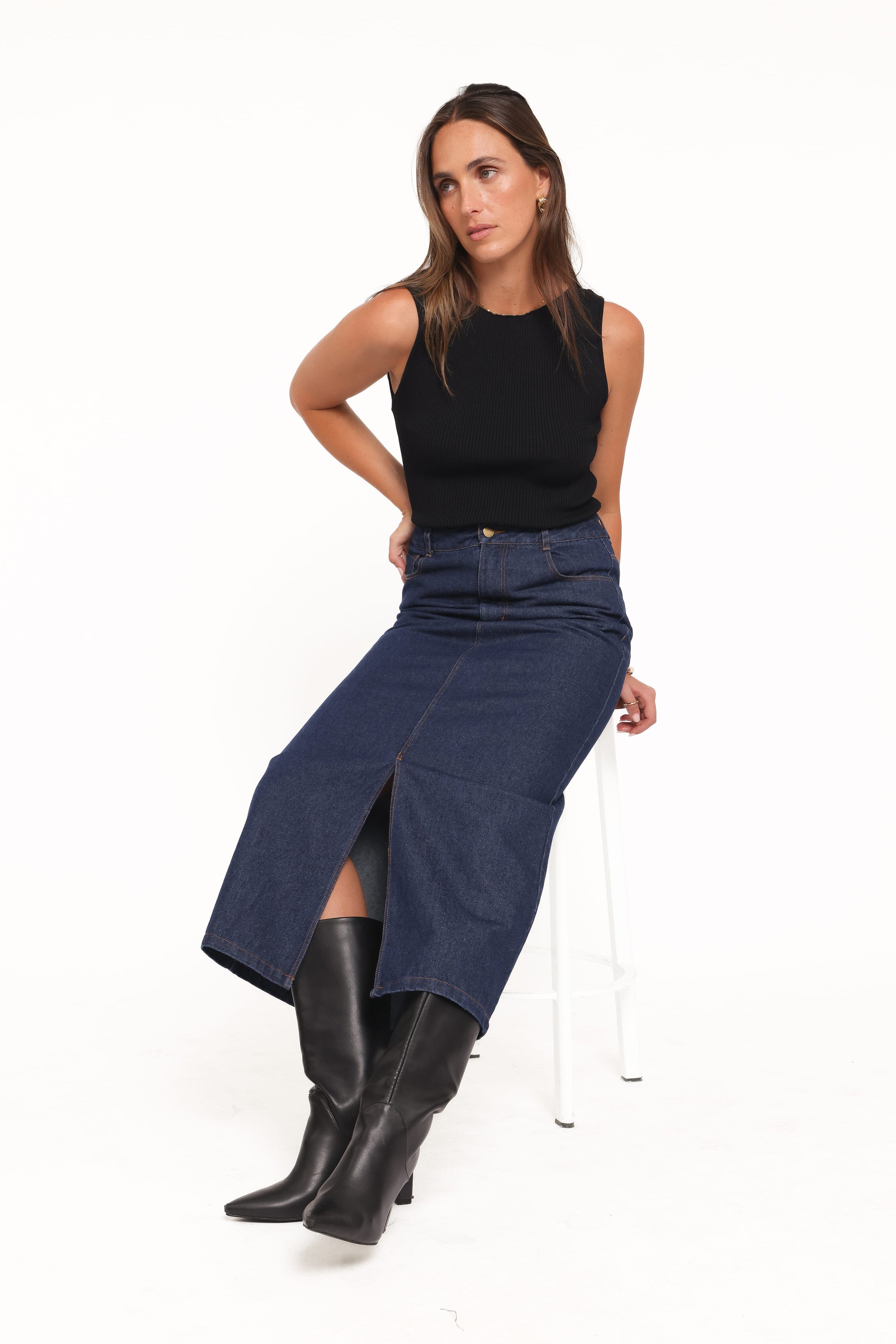 Petal and Pup USA BOTTOMS Dana Denim Midi Skirt - Midnight