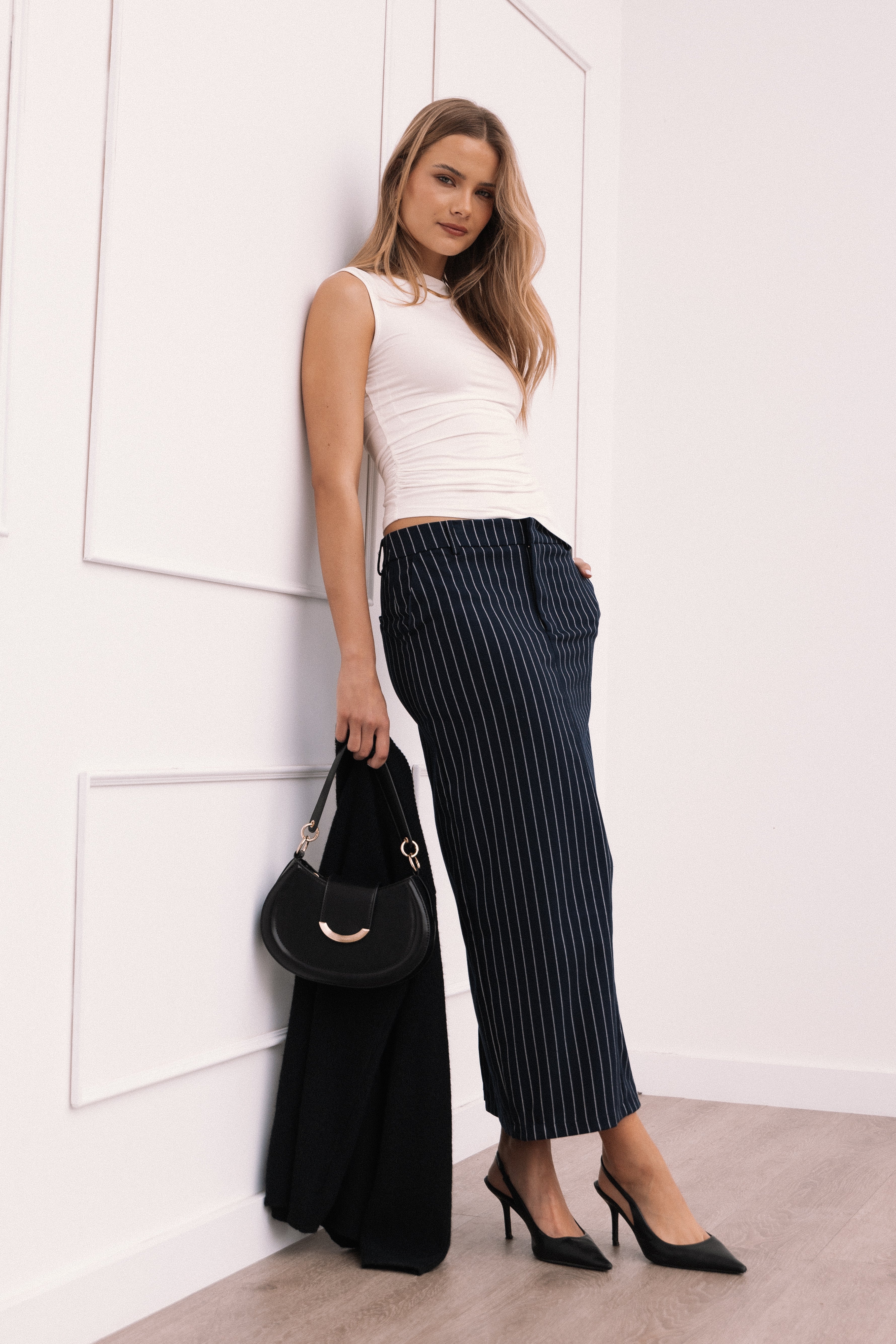 Petal and Pup USA BOTTOMS Ellory Midi Skirt - Navy Pinstripe
