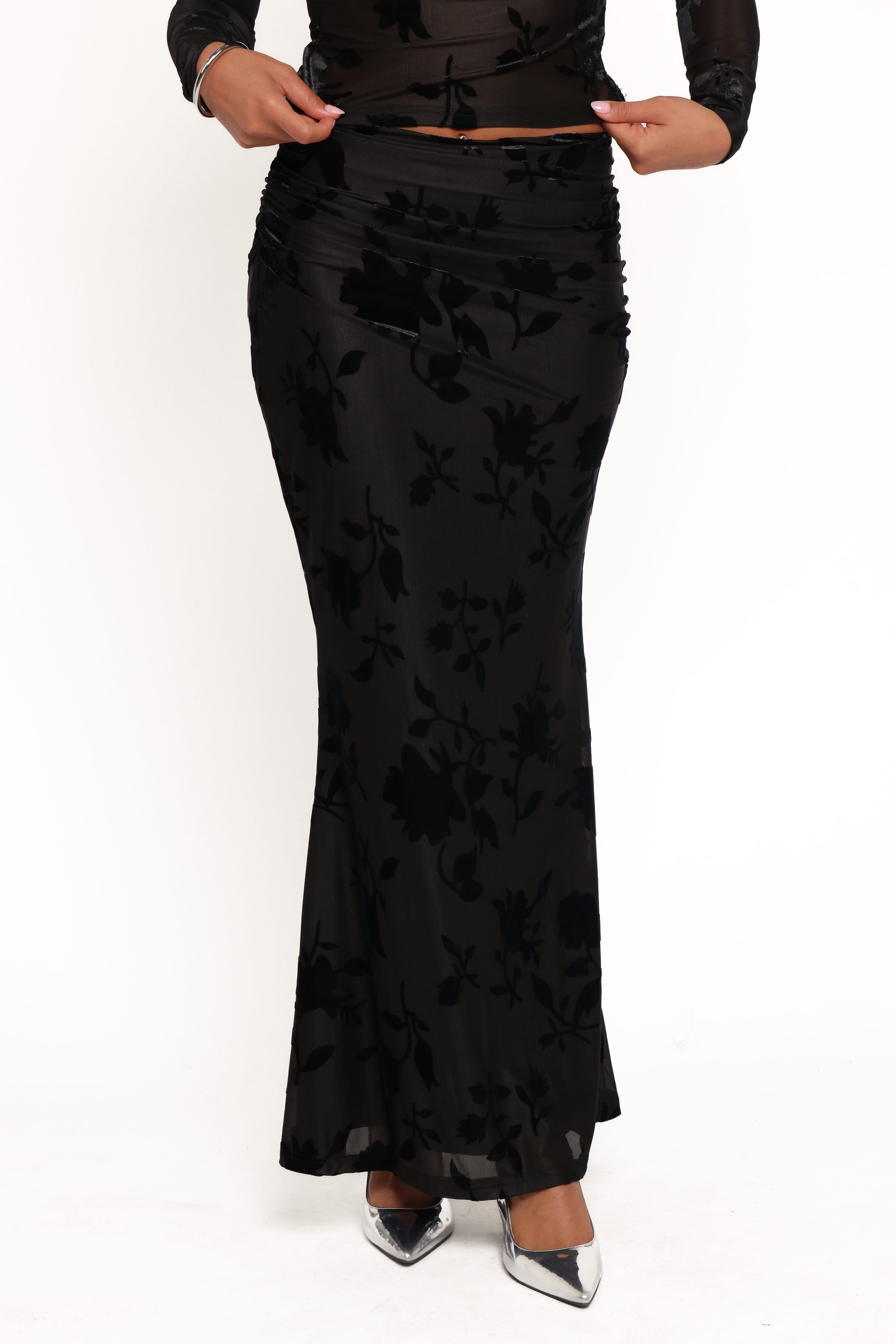 Petal and Pup USA BOTTOMS Emily Burnout Velvet Skirt - Black
