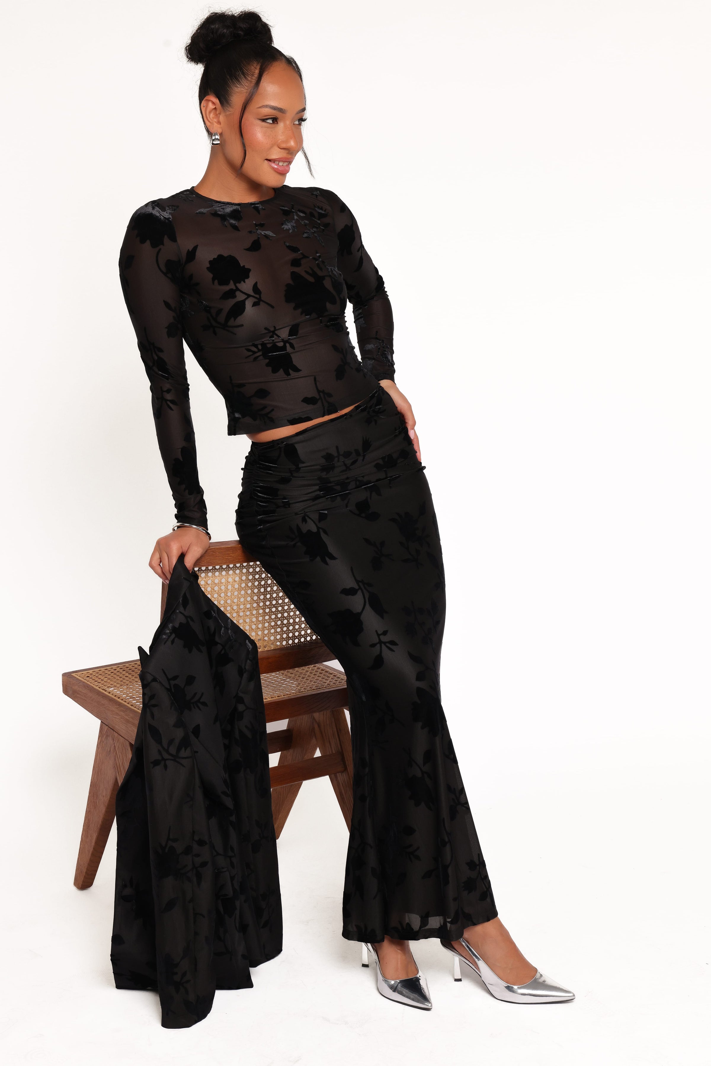 Petal and Pup USA BOTTOMS Emily Burnout Velvet Skirt - Black