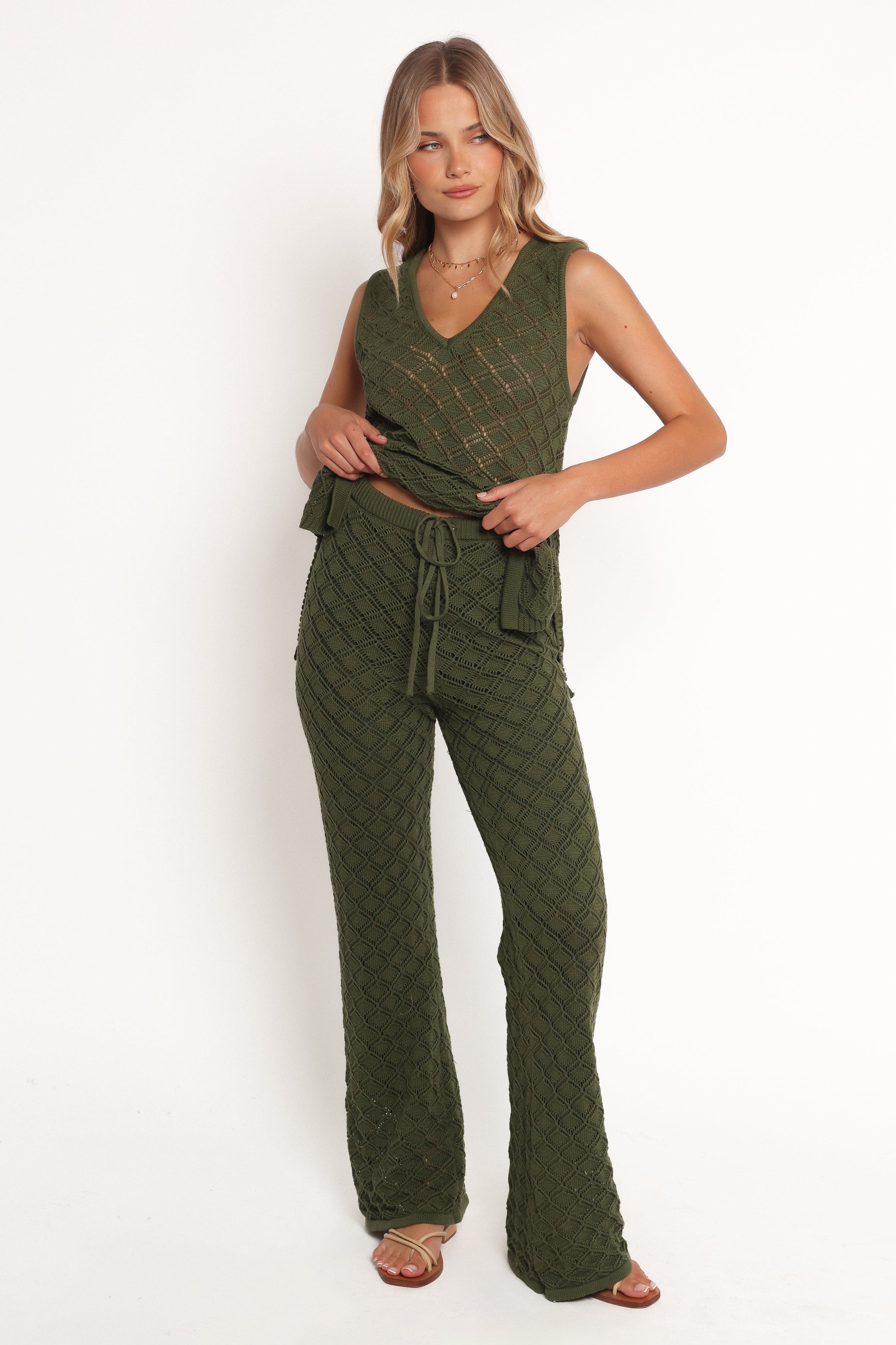 Petal and Pup USA BOTTOMS Fefe Textured Knit Pants - Olive
