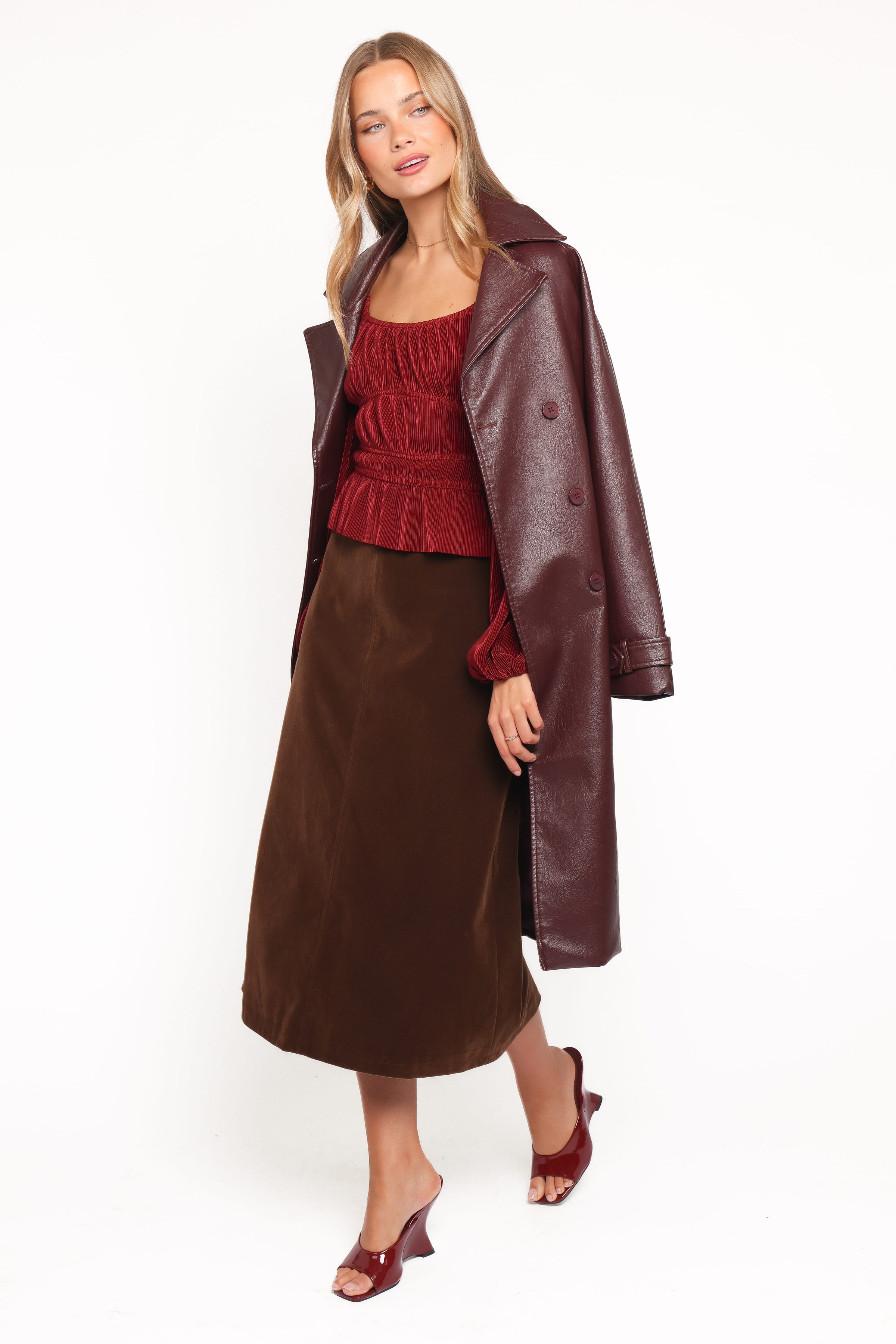 Petal and Pup USA BOTTOMS Halina Velvet Midi Skirt - Chocolate
