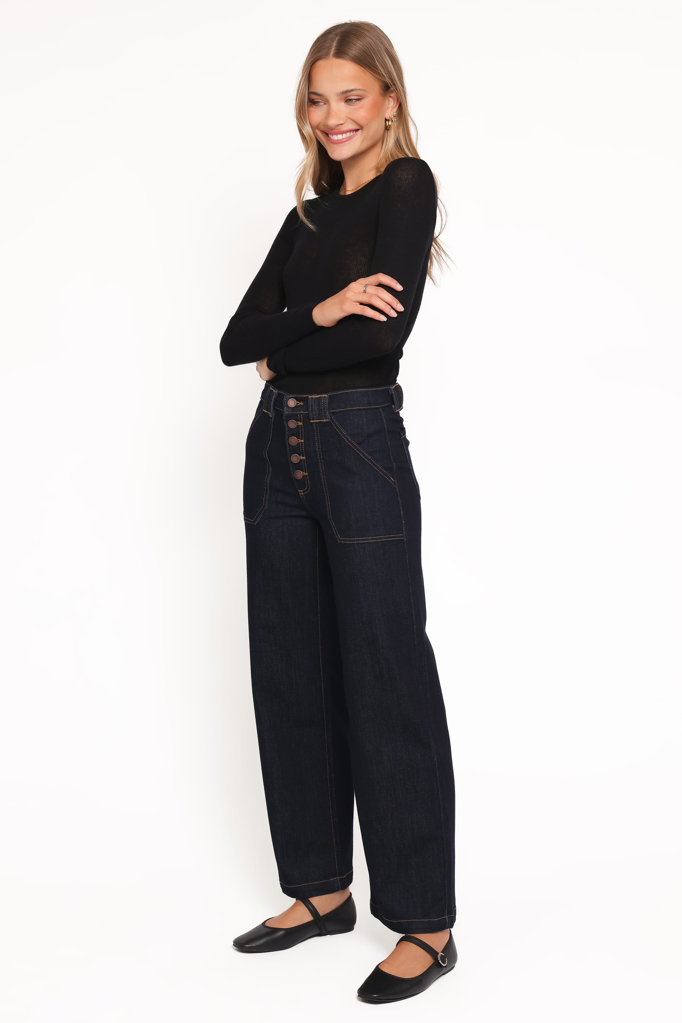 Petal and Pup USA BOTTOMS Jacinta Button Down Slim Wide Jean - Dark Wash