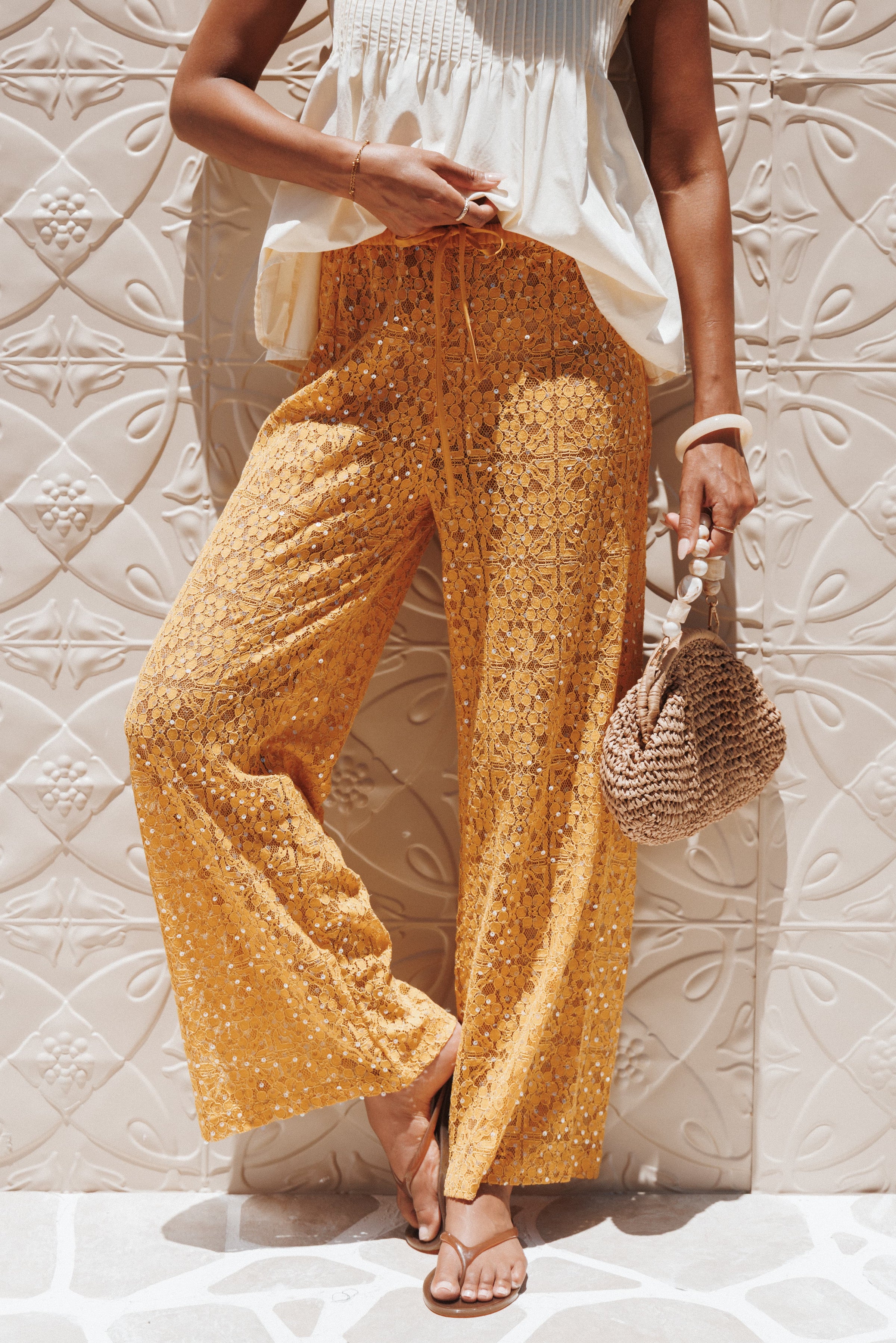 Petal and Pup USA BOTTOMS Jacinta Sequin Lace Pant - Mango