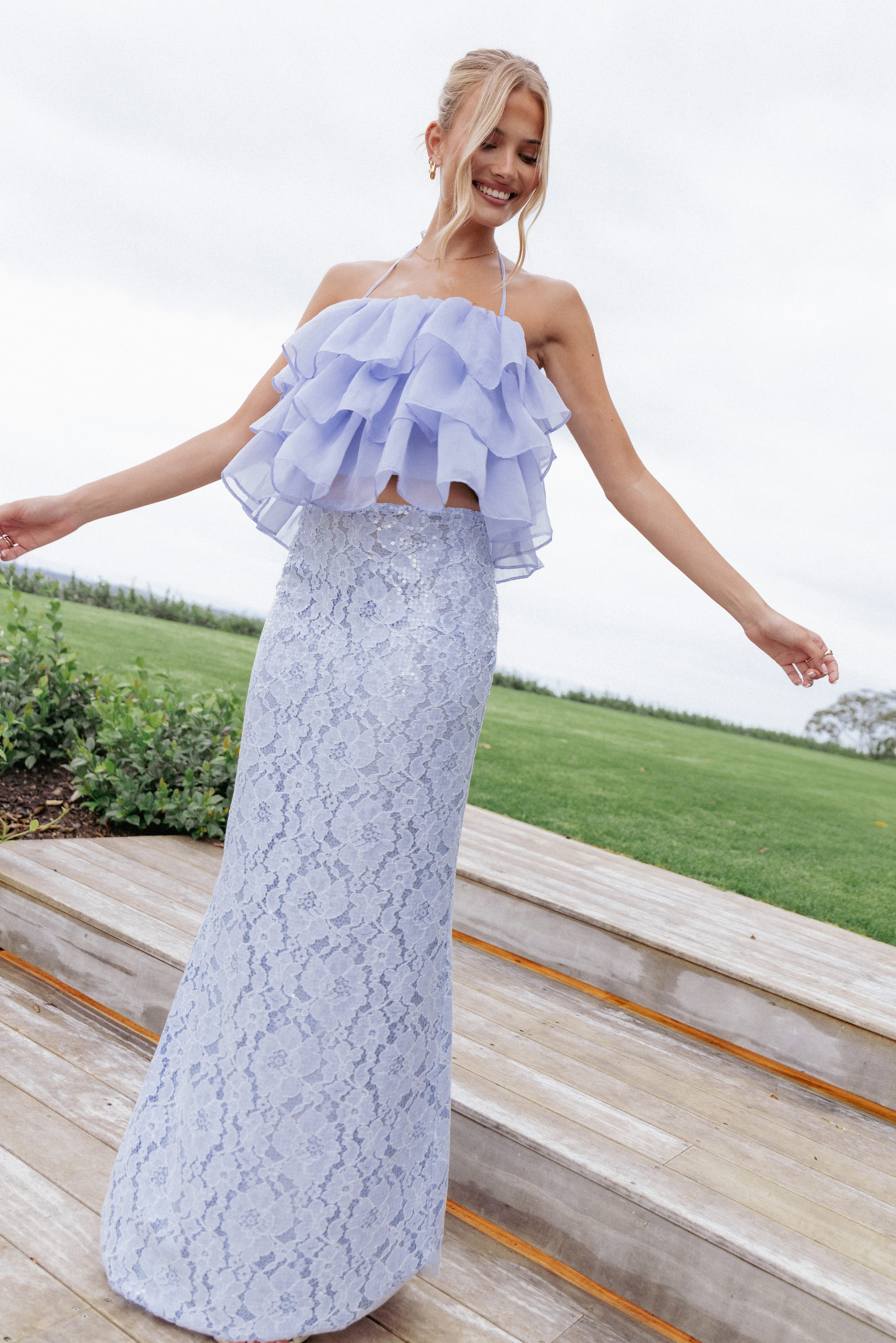Petal and Pup USA BOTTOMS Jennings Lace Maxi Skirt - Blue Sequin