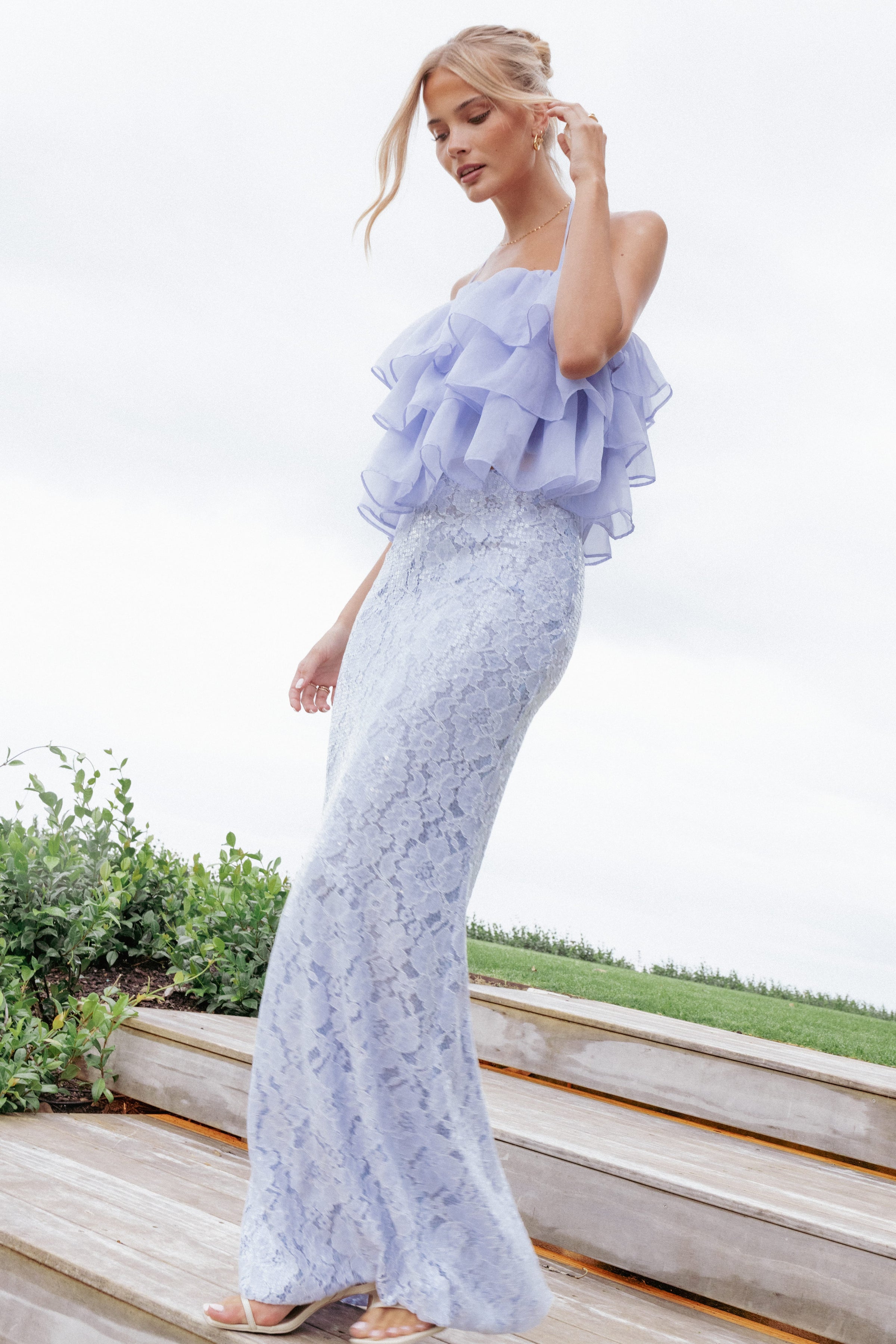 Petal and Pup USA BOTTOMS Jennings Lace Maxi Skirt - Blue Sequin