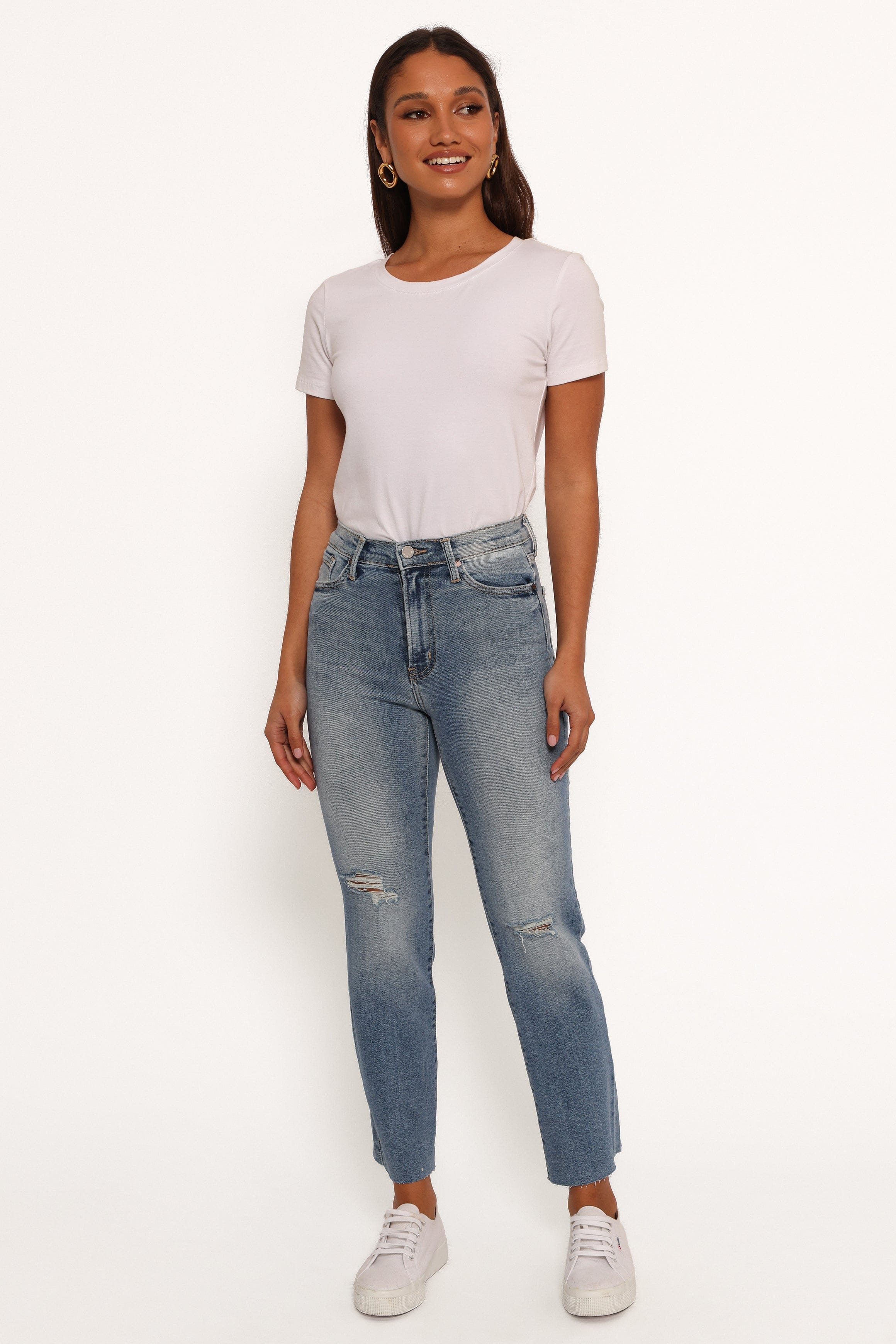 Petal and Pup USA BOTTOMS Just Black Distressed Slim Leg Jean - Light Denim