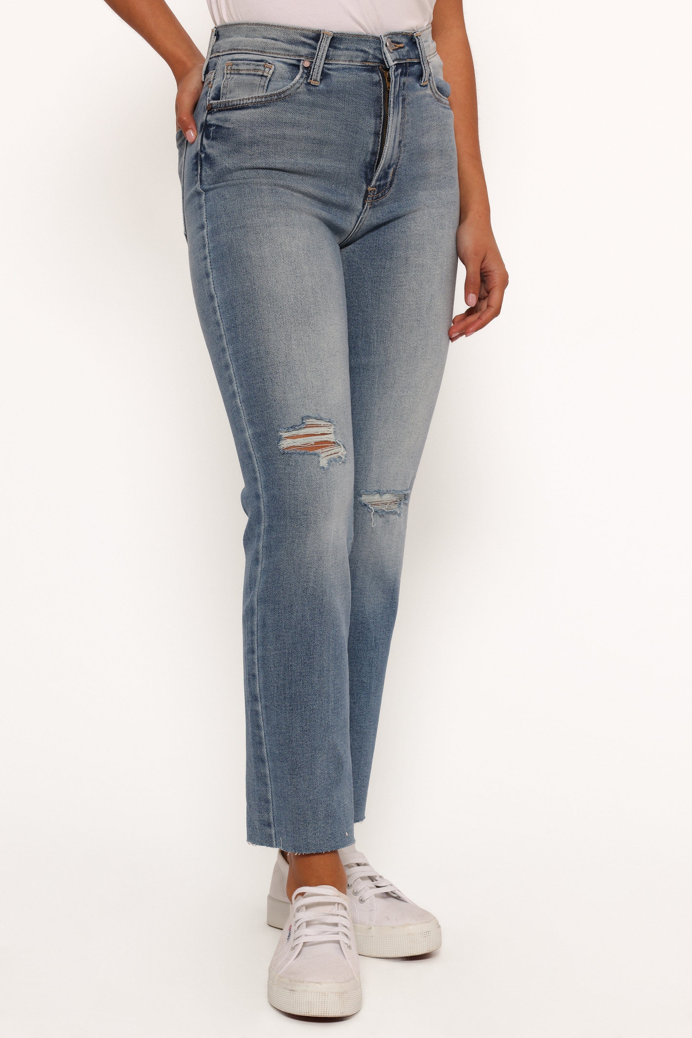 Petal and Pup USA BOTTOMS Just Black Distressed Slim Leg Jean - Light Denim