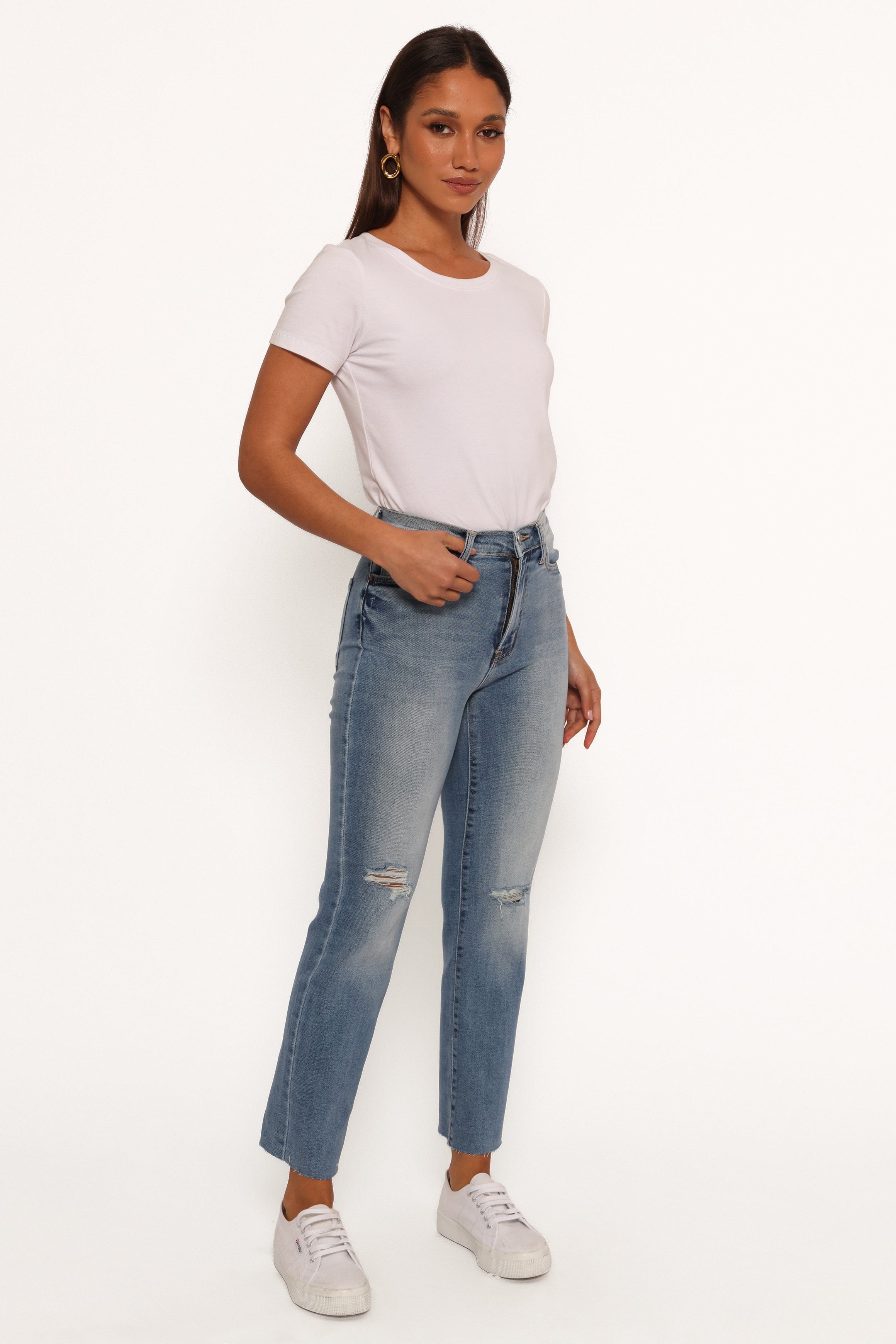 Petal and Pup USA BOTTOMS Just Black Distressed Slim Leg Jean - Light Denim