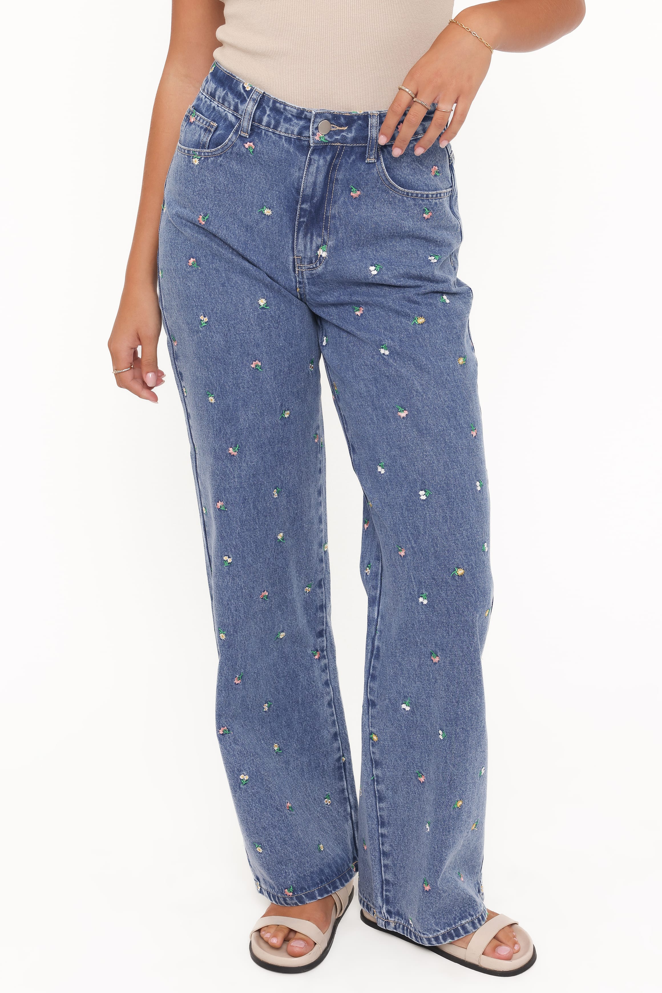 Petal and Pup USA BOTTOMS Kendall Straight Leg Jeans - Embroidery Medium Wash