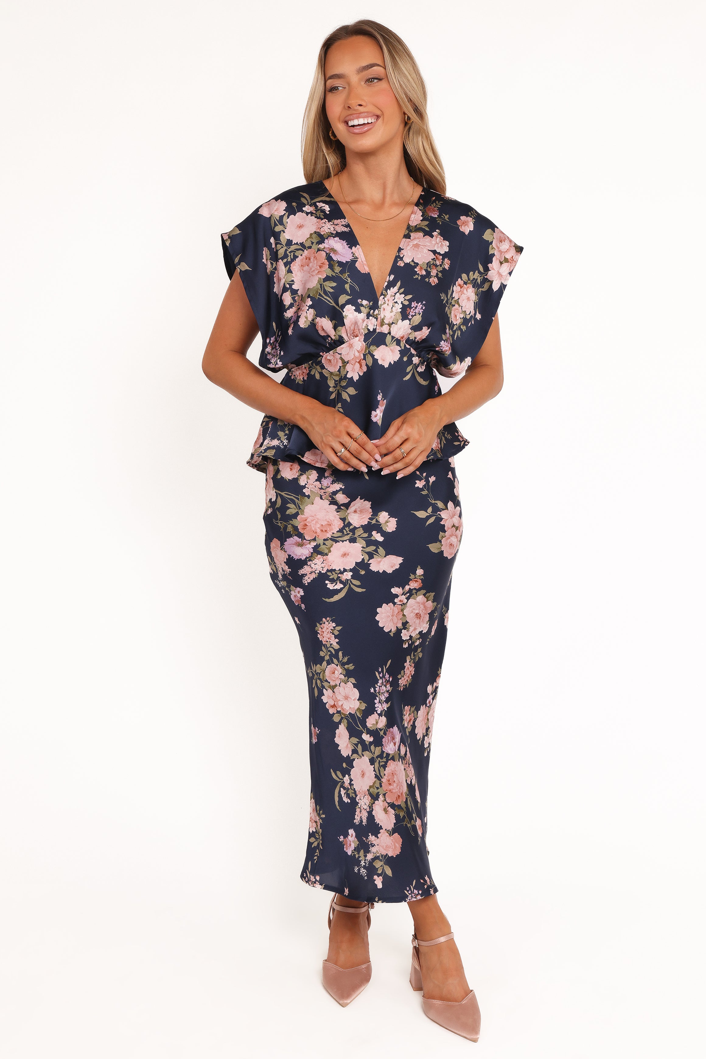 Petal and Pup USA BOTTOMS Kenna Satin Midi Skirt - Navy Floral