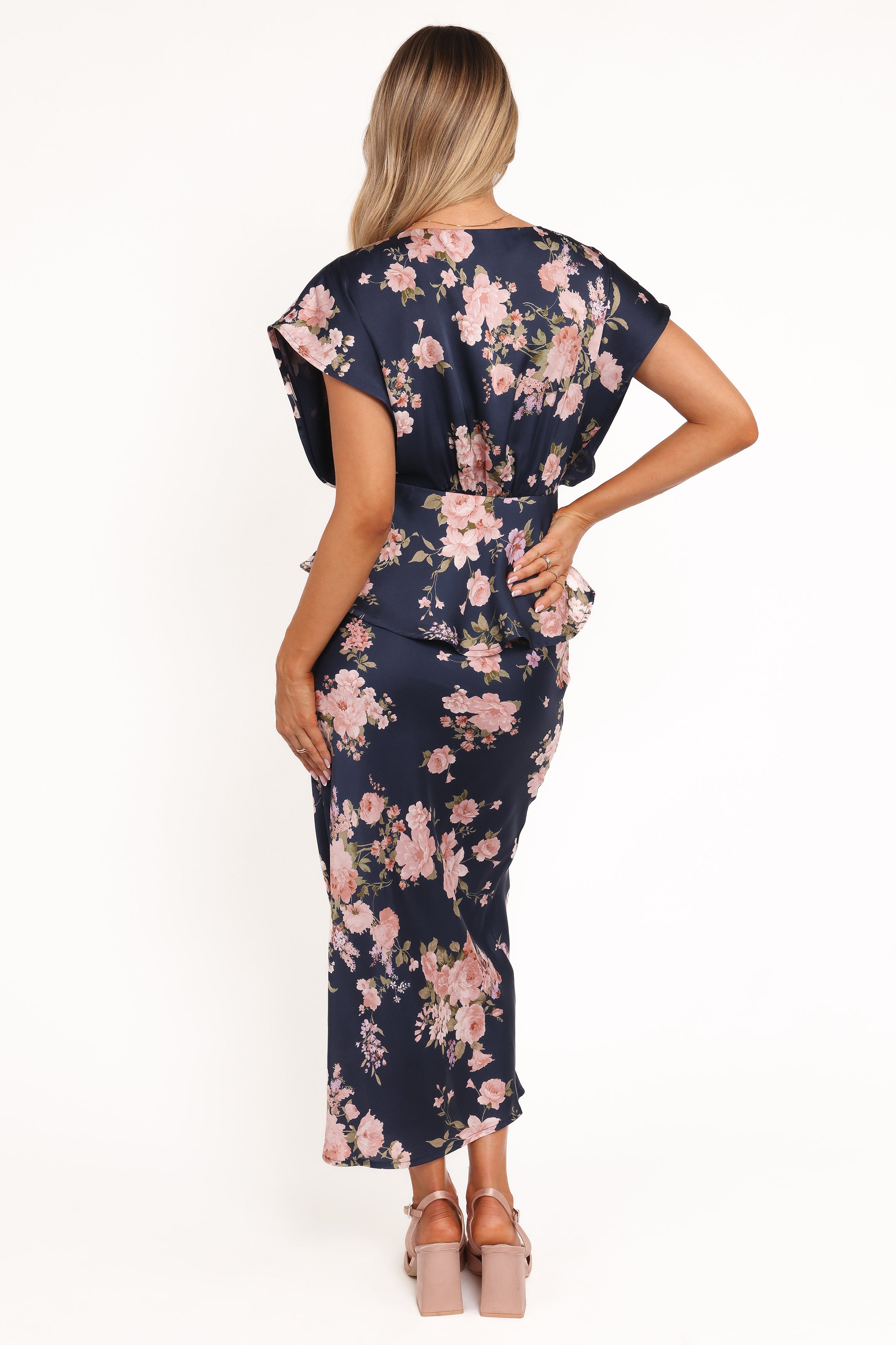 Petal and Pup USA BOTTOMS Kenna Satin Midi Skirt - Navy Floral