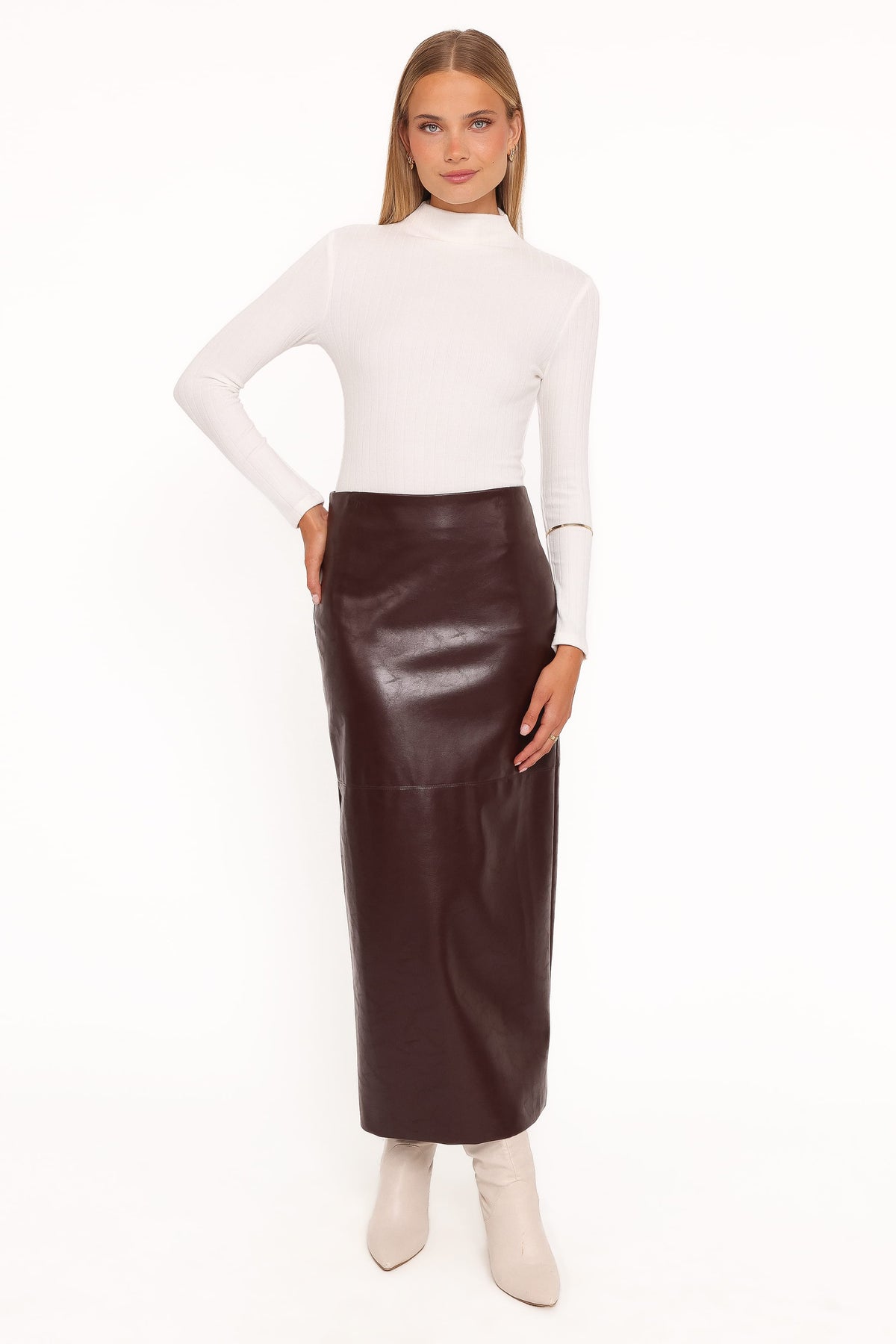 Petal and Pup USA BOTTOMS Koda Faux Leather Column Skirt - Burgundy