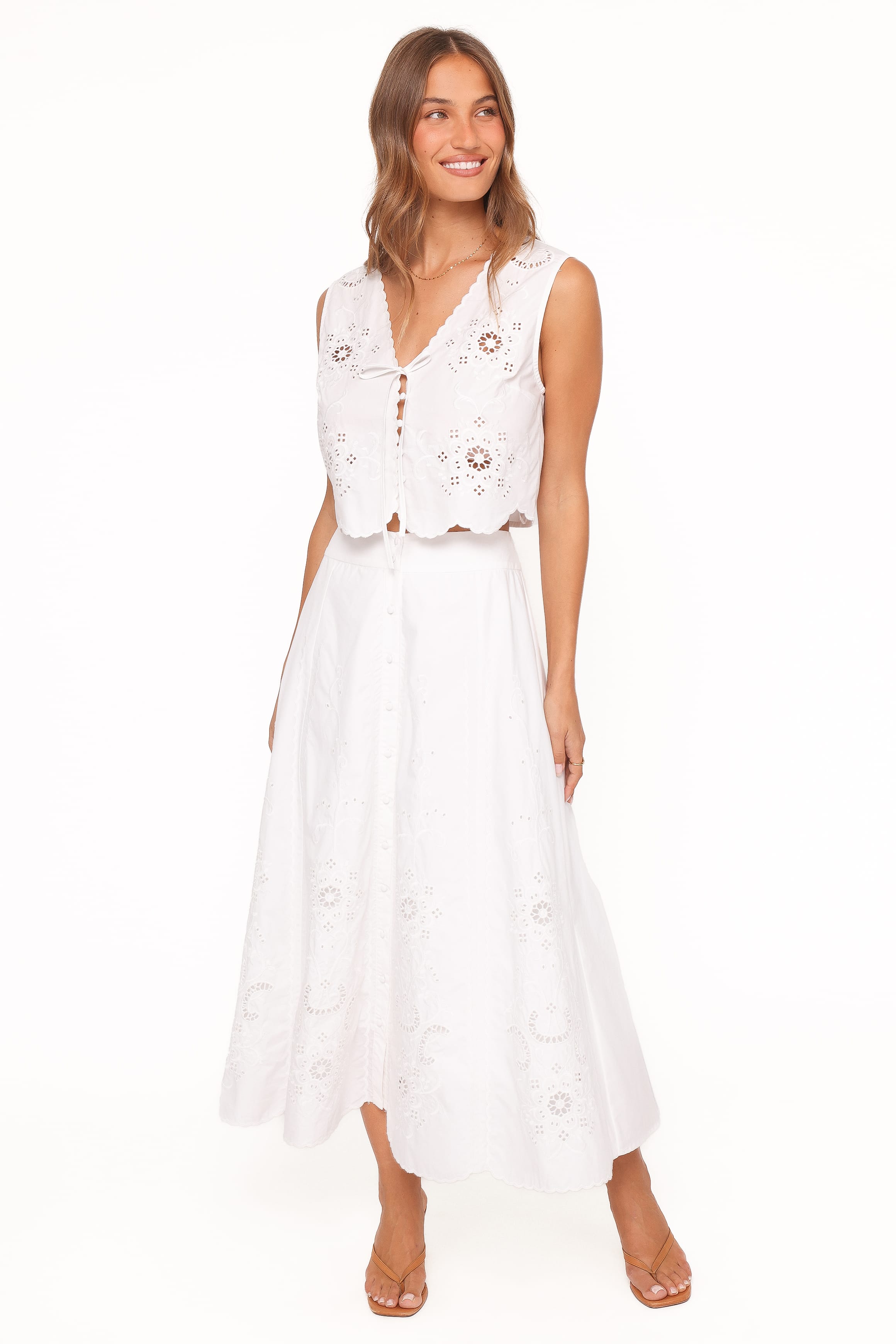 Petal and Pup USA BOTTOMS Kye Midi Skirt - White Broderie