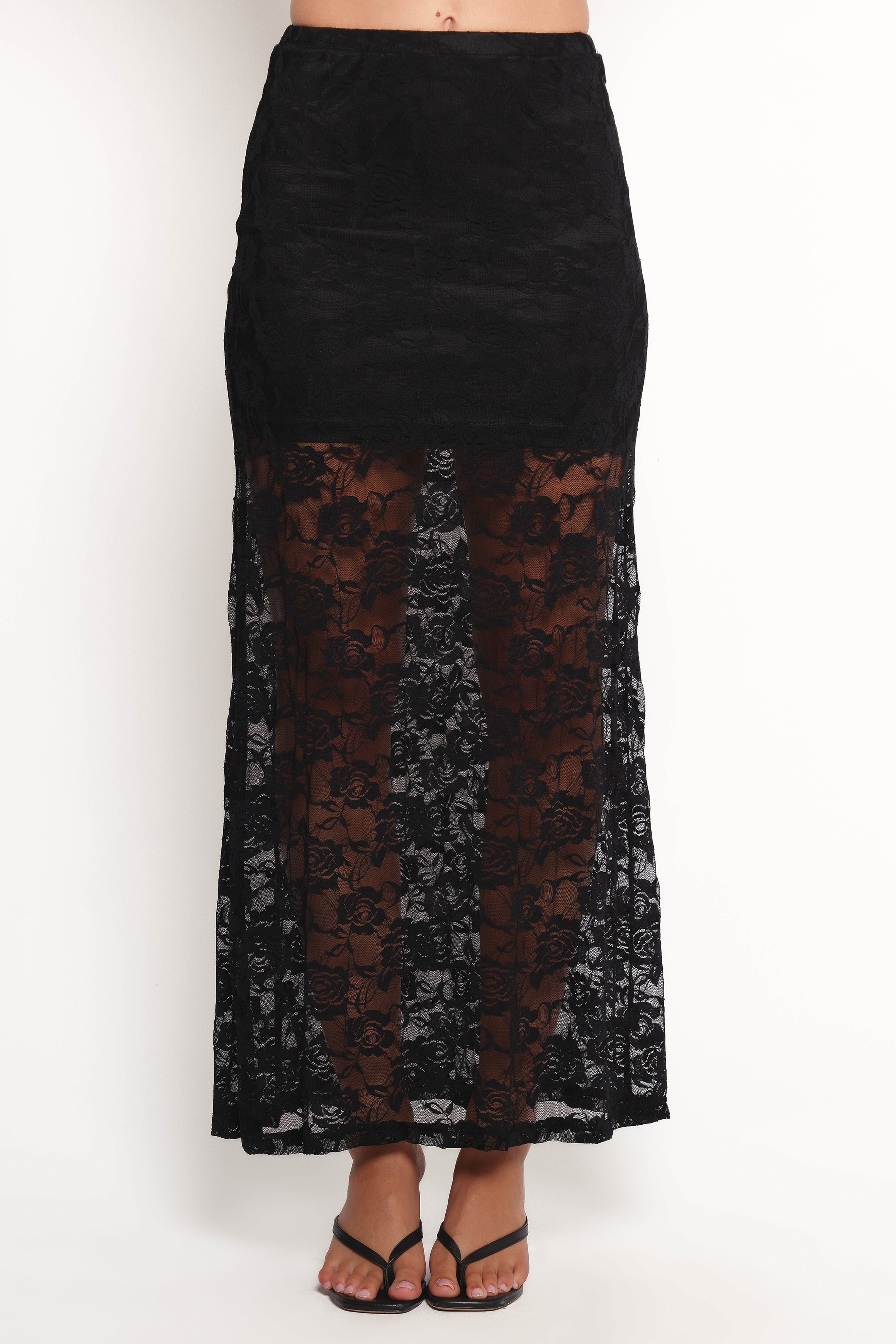 Petal and Pup USA BOTTOMS Laken Sheer Lace Maxi Skirt - Black