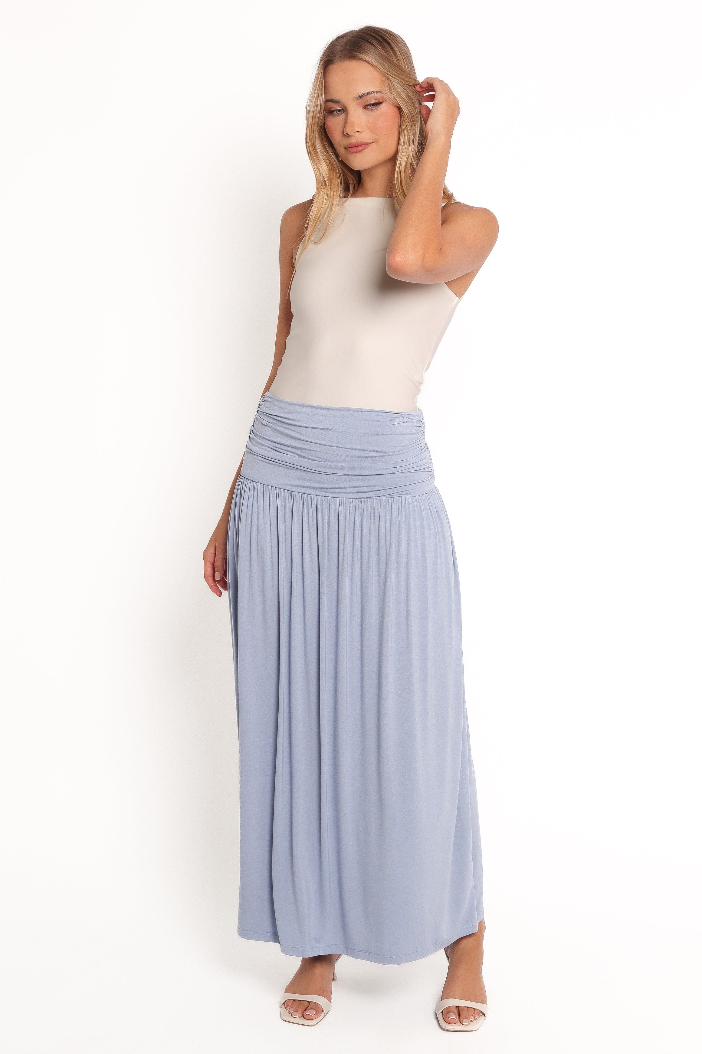 Petal and Pup USA BOTTOMS Lavia Ruched Knit Maxi Skirt - Soft Blue (Hold for Rack)