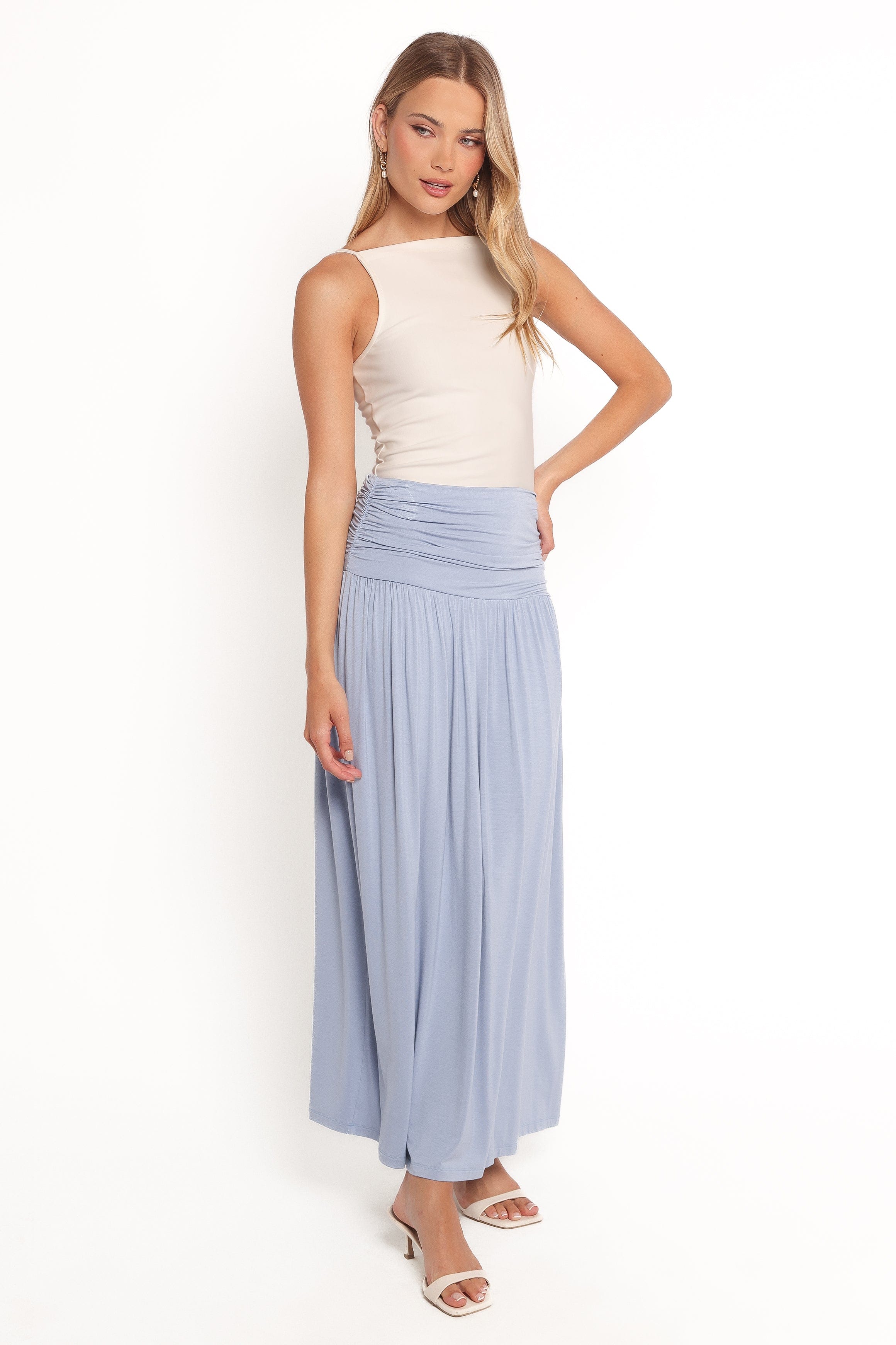 Petal and Pup USA BOTTOMS Lavia Ruched Knit Maxi Skirt - Soft Blue (Hold for Rack)