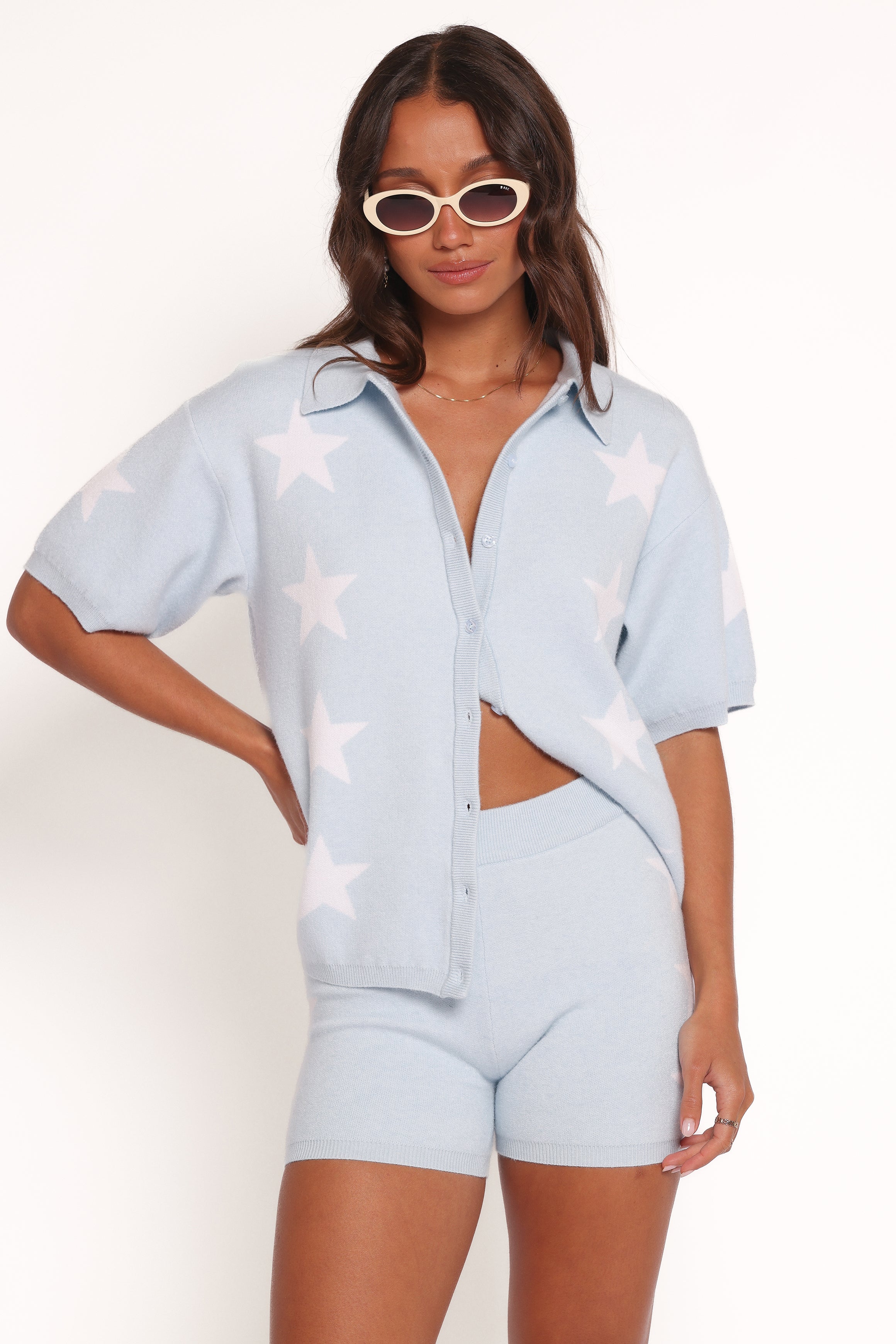 Petal and Pup USA BOTTOMS Lela Knitted Shorts - Light Blue Stars (Hold for Amazon)