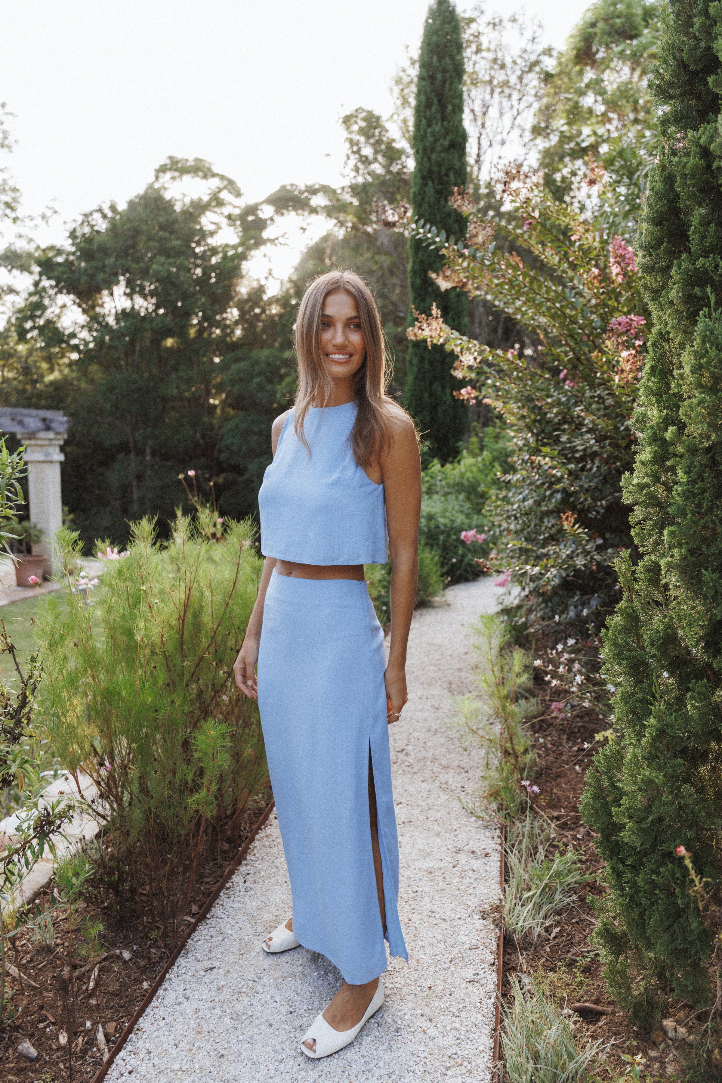 Petal and Pup USA BOTTOMS Madison Linen Column Skirt - Blue