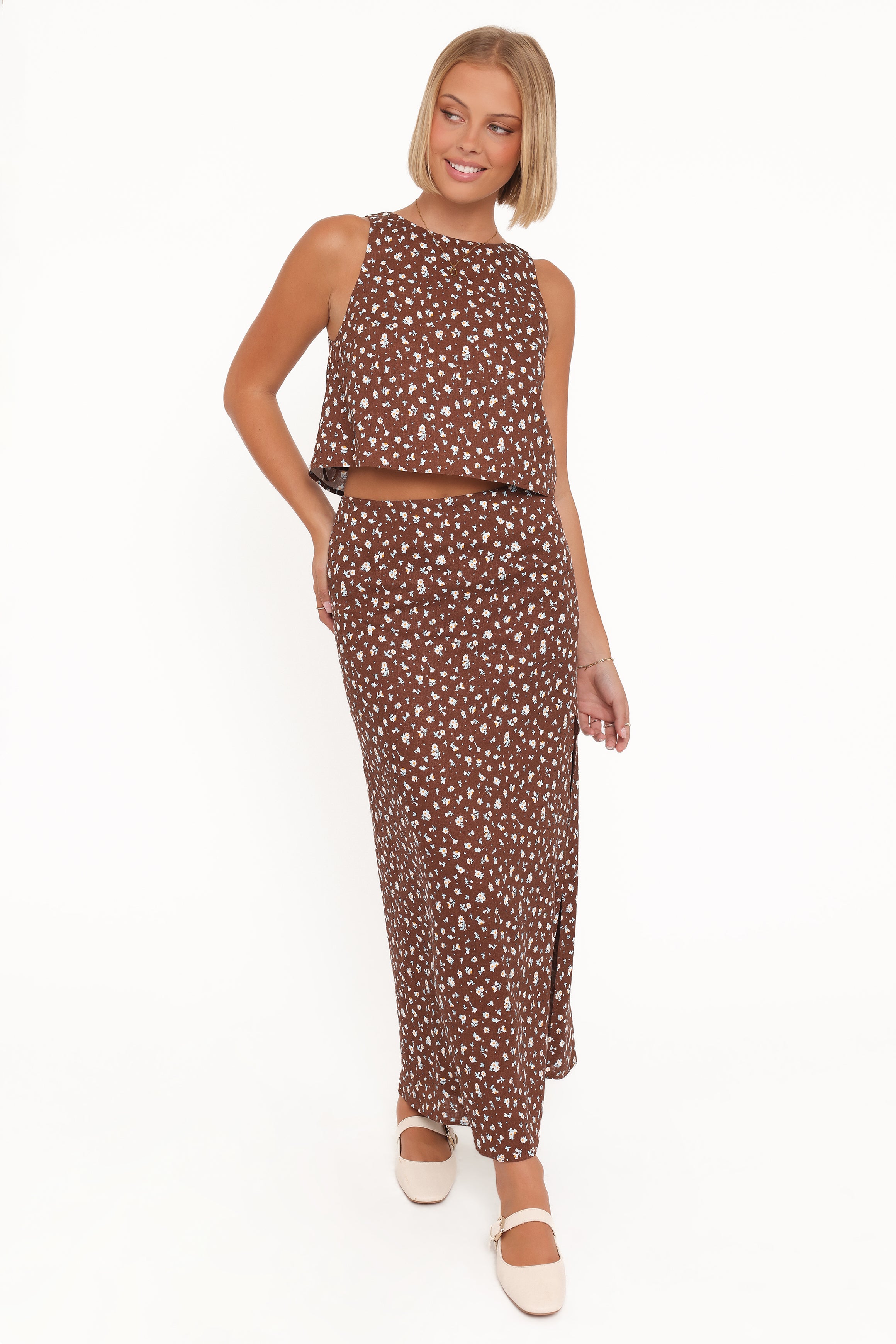 Petal and Pup USA BOTTOMS Madison Linen Column Skirt - Brown Floral