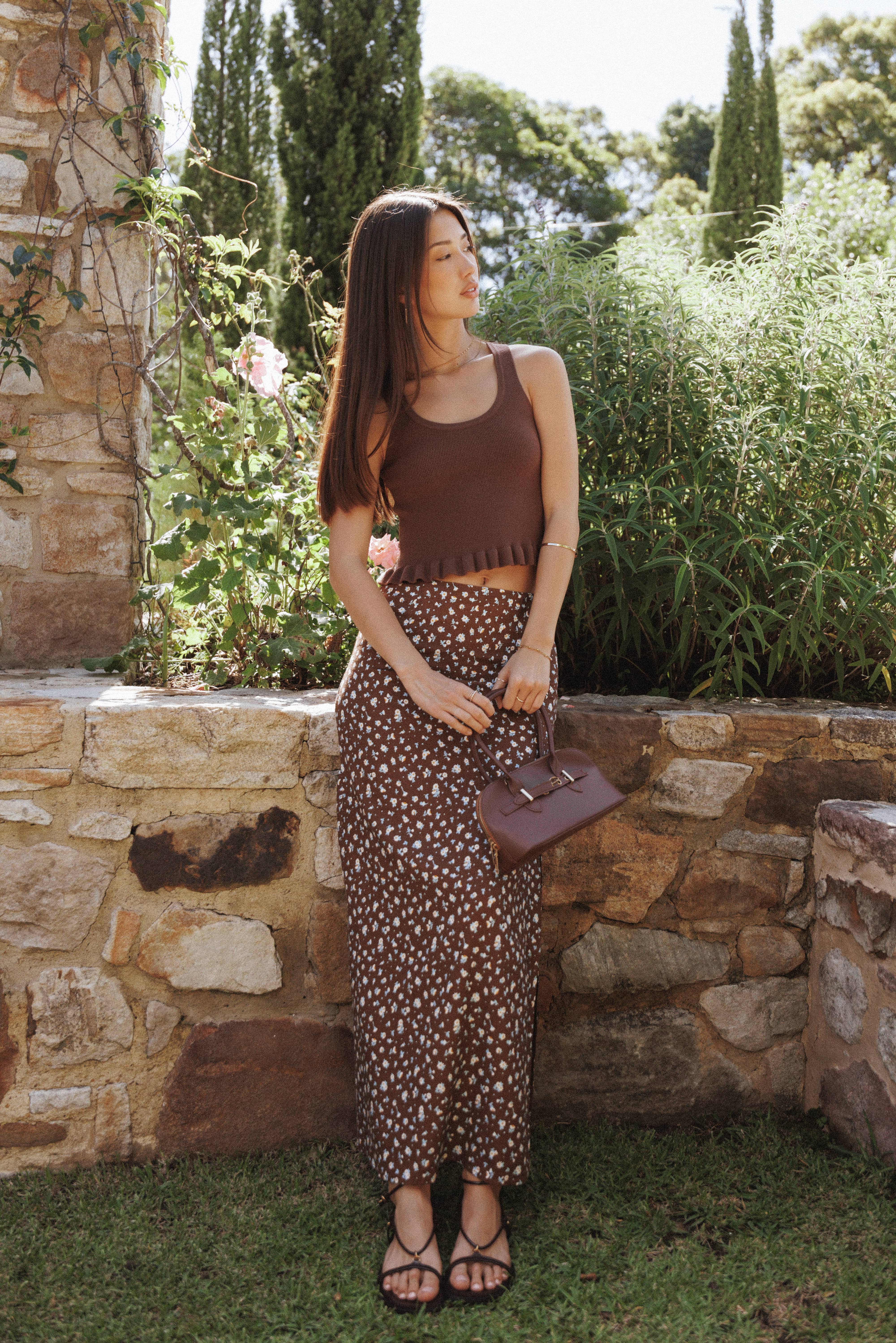 Petal and Pup USA BOTTOMS Madison Linen Column Skirt - Brown Floral