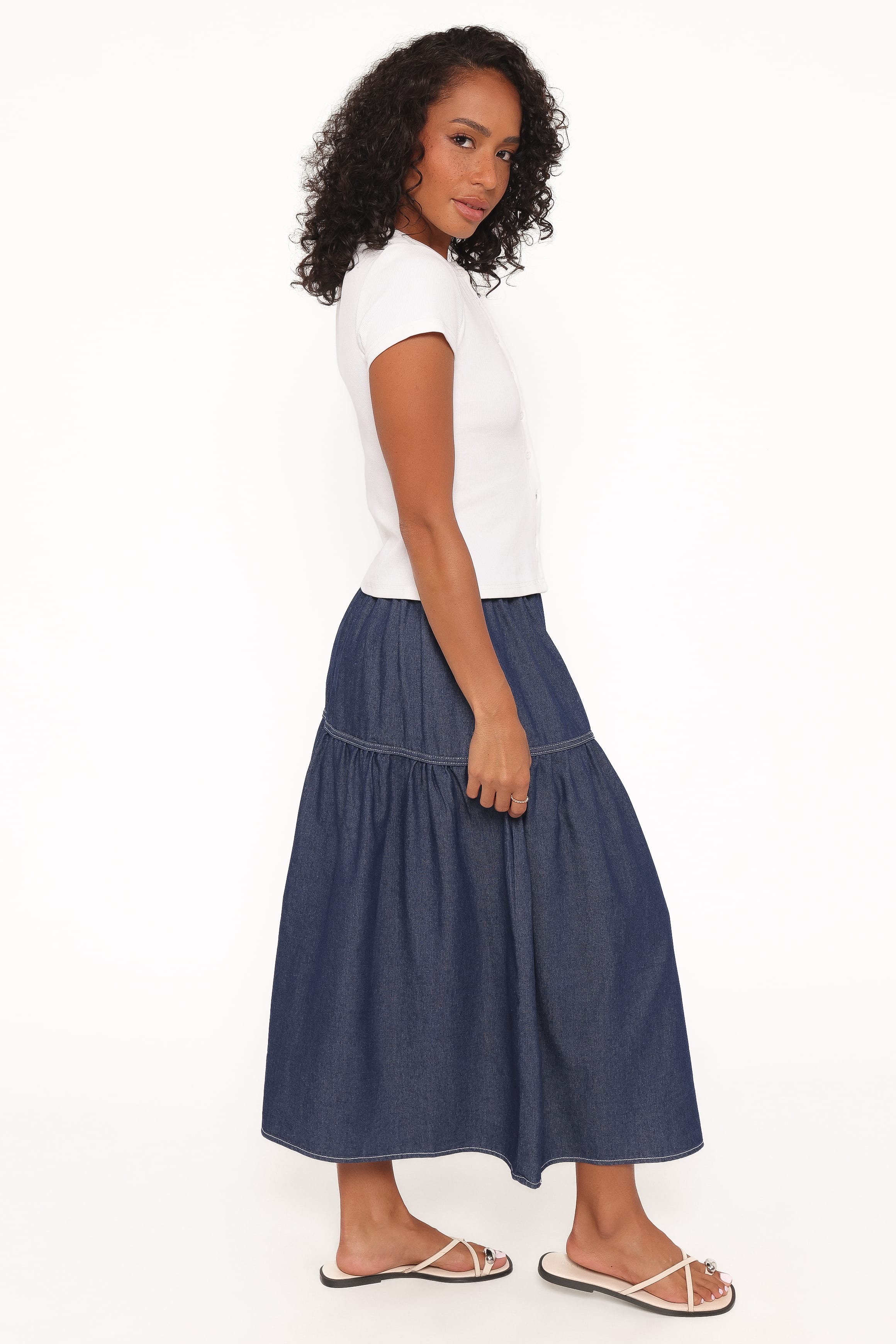 Petal and Pup USA BOTTOMS Meadow Midi Denim Skirt - Dark Wash