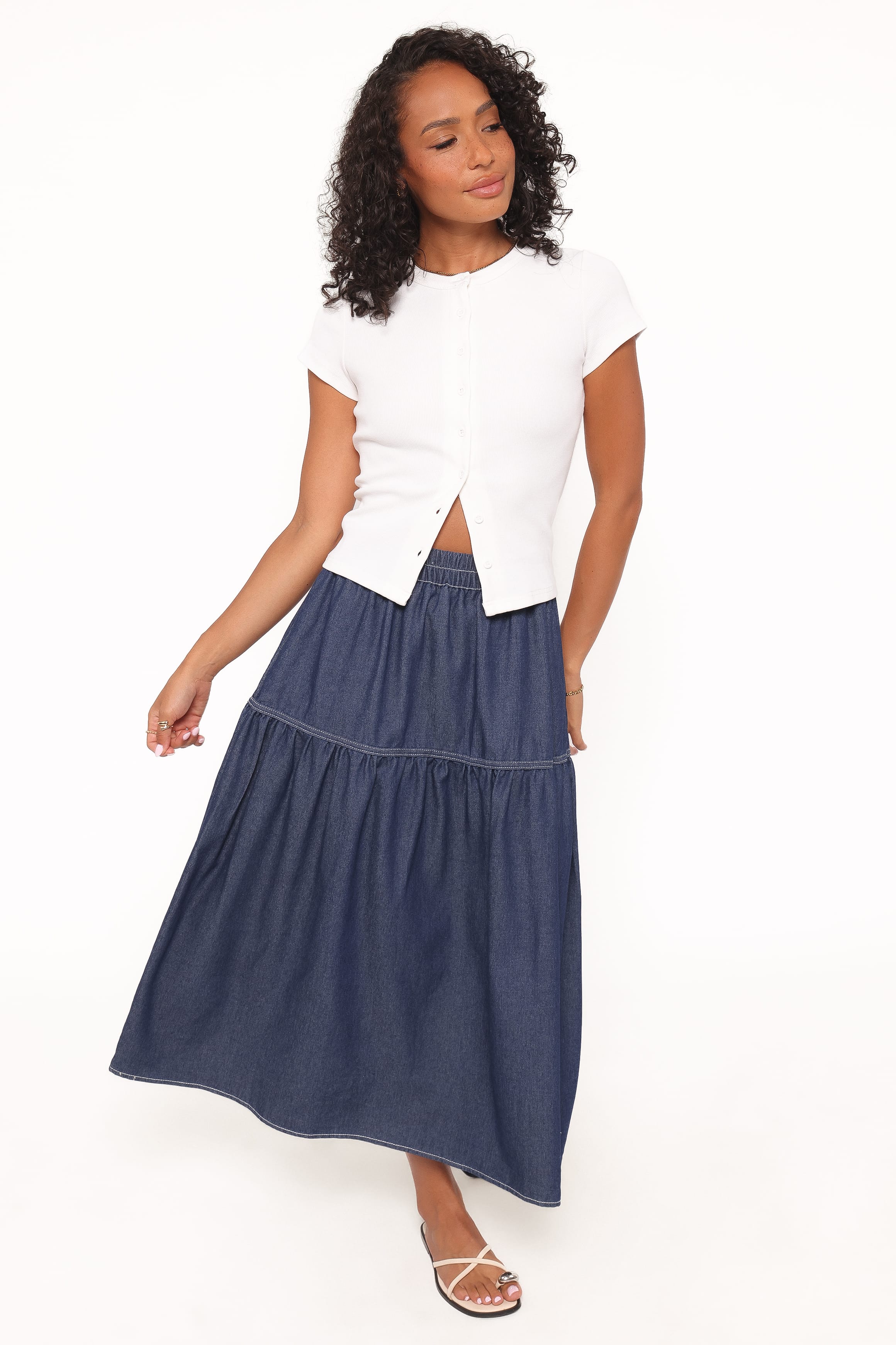 Petal and Pup USA BOTTOMS Meadow Midi Denim Skirt - Dark Wash