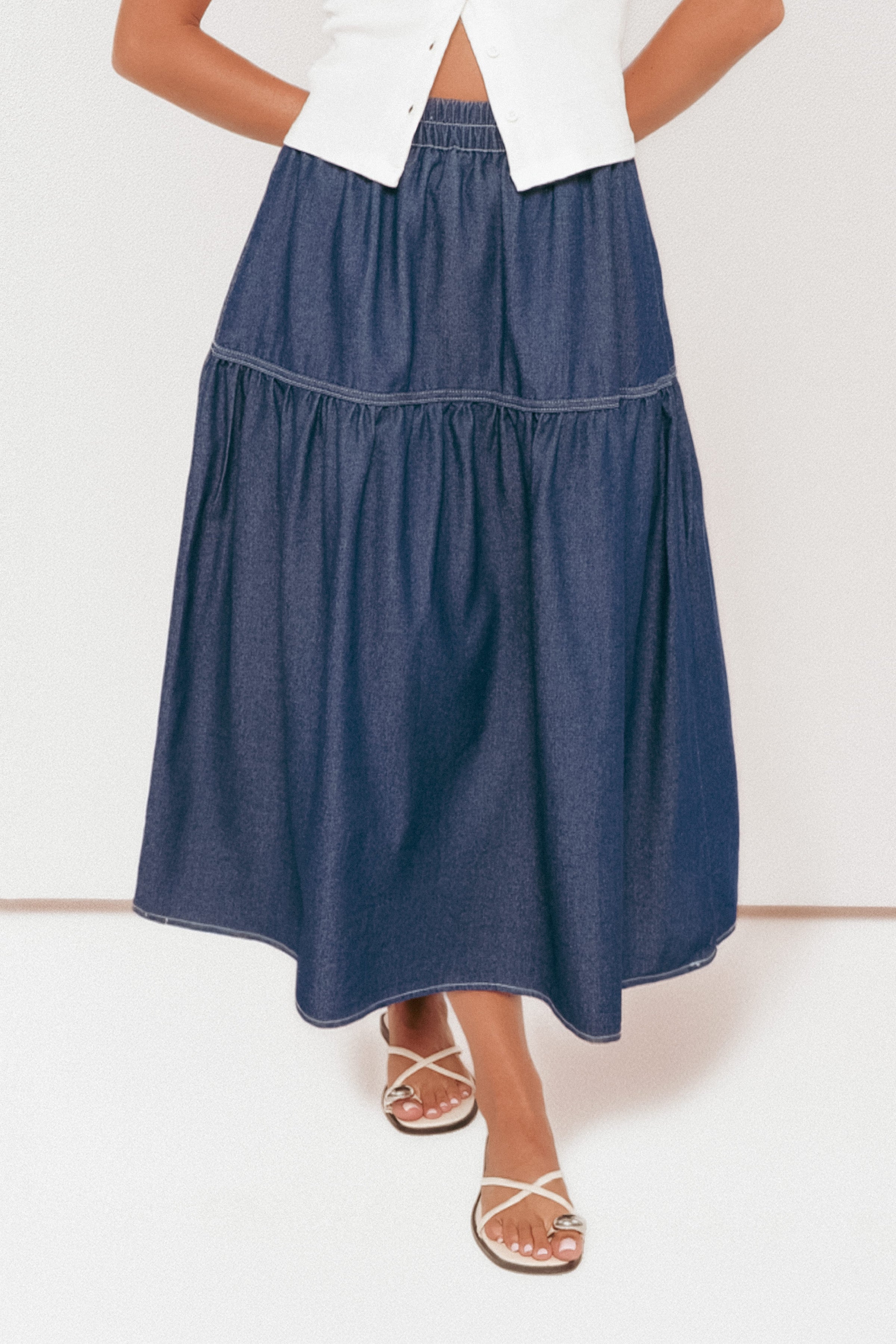Petal and Pup USA BOTTOMS Meadow Midi Denim Skirt - Dark Wash