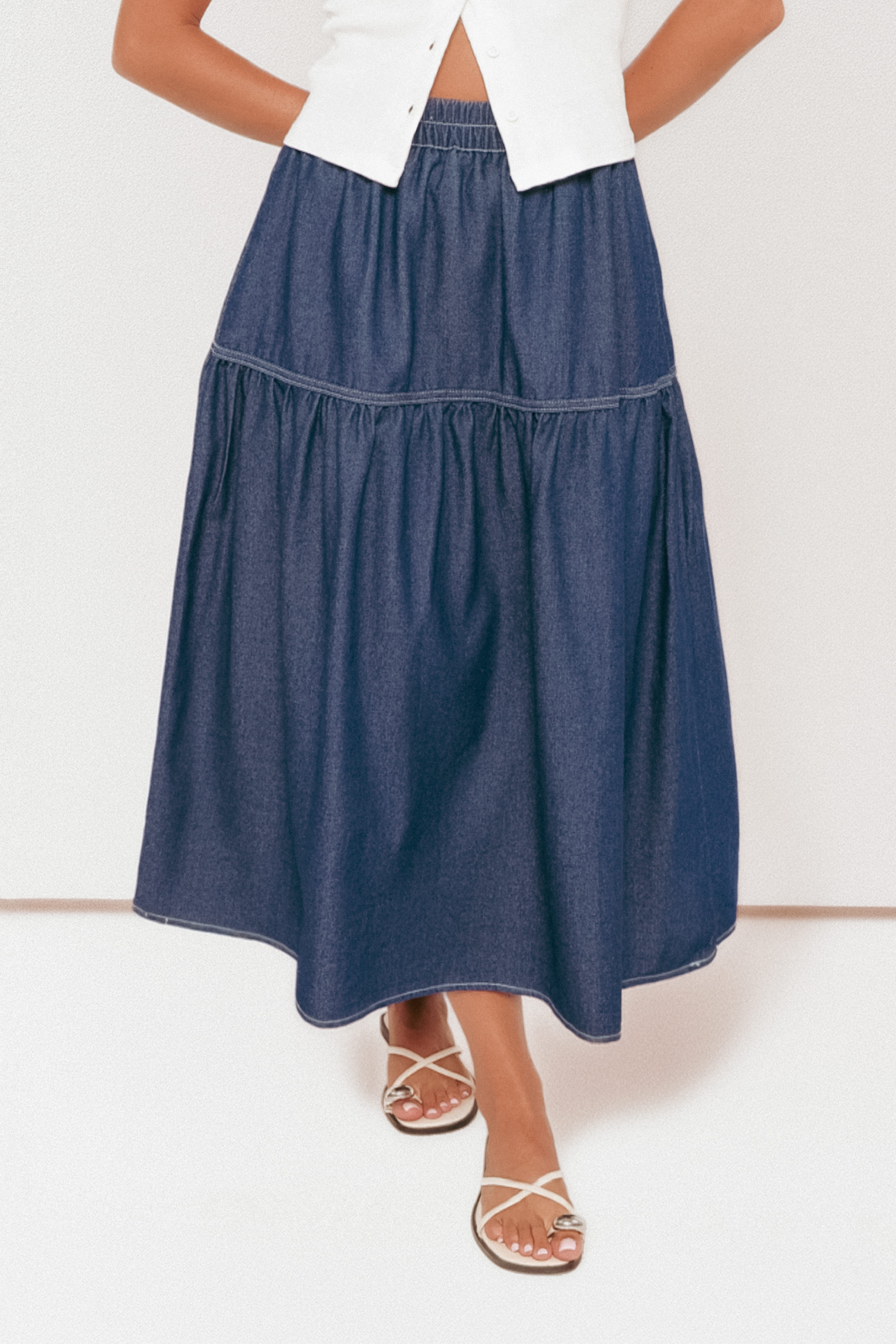 Petal and Pup USA BOTTOMS Meadow Midi Denim Skirt - Dark Wash